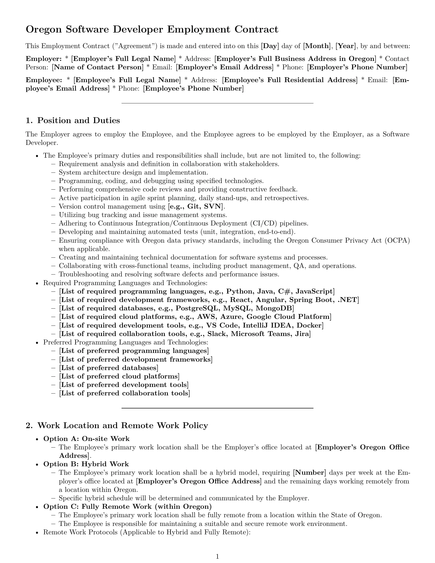 Preview page 1 of Pro Oregon software developer employment contract template