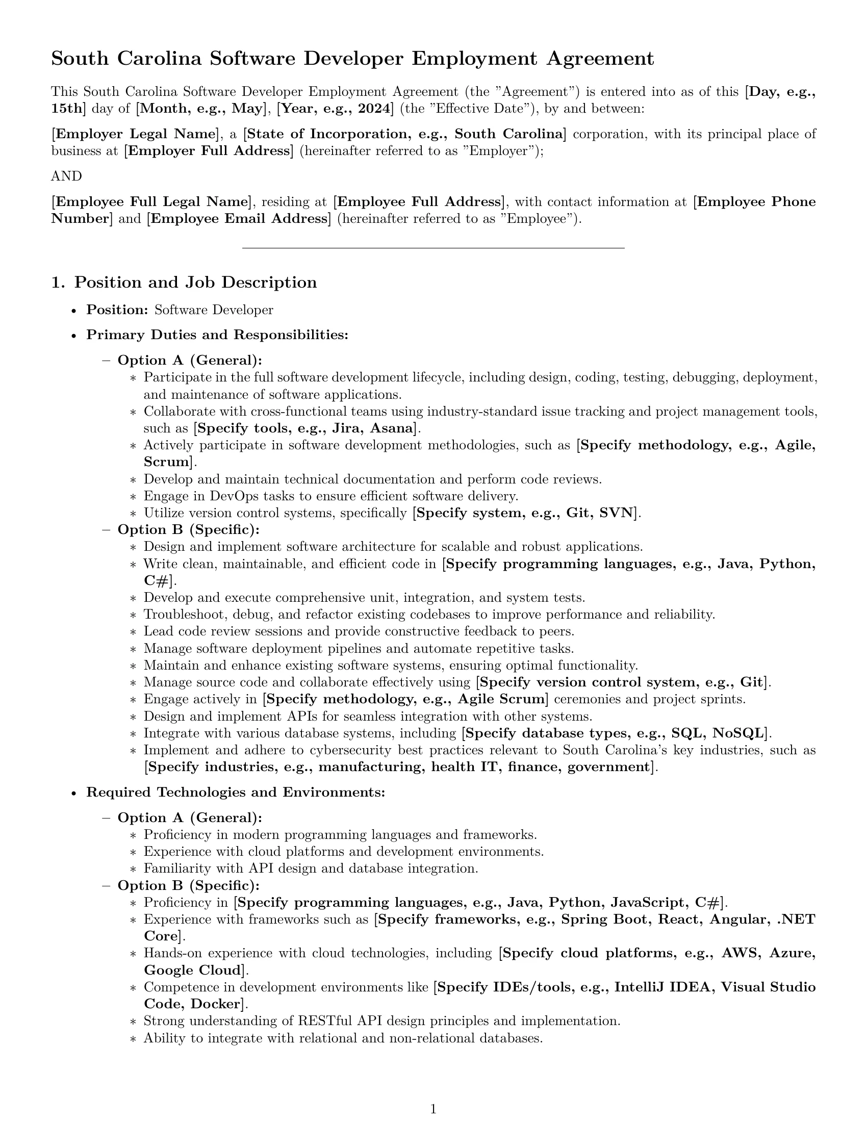 Preview page 1 of Pro South Carolina software developer employment contract template