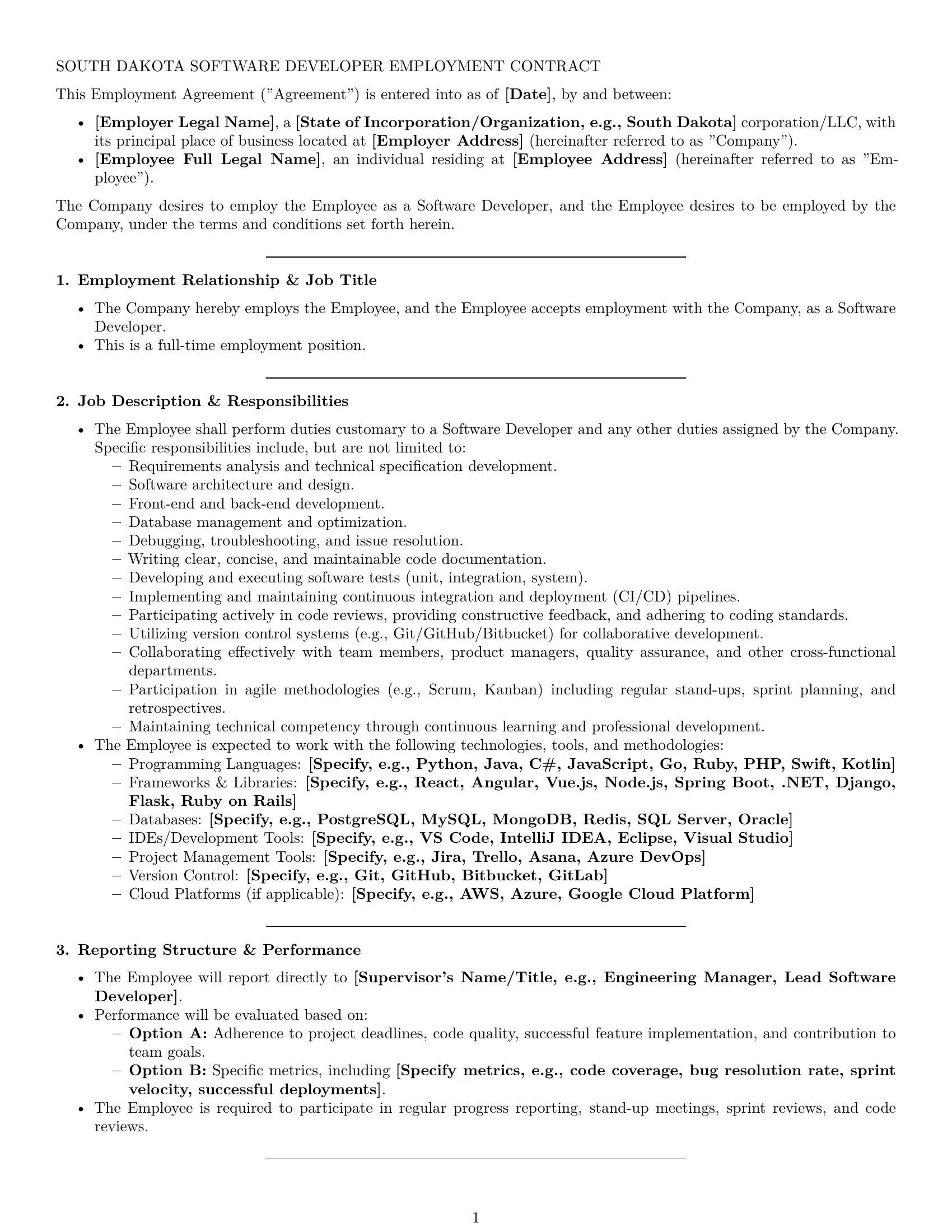 Preview page 1 of Pro South Dakota software developer employment contract template