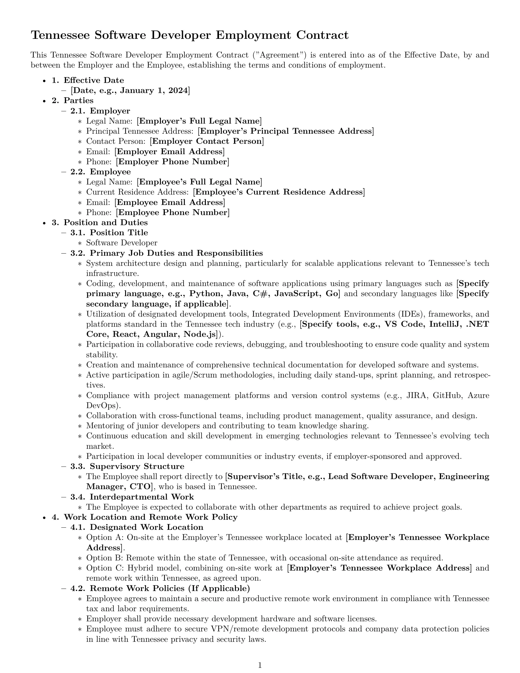 Preview page 1 of Pro Tennessee software developer employment contract template