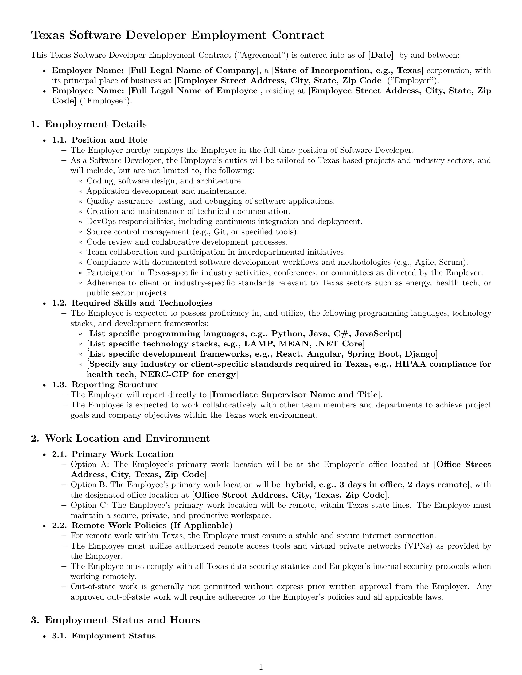 Preview page 1 of Pro Texas software developer employment contract template