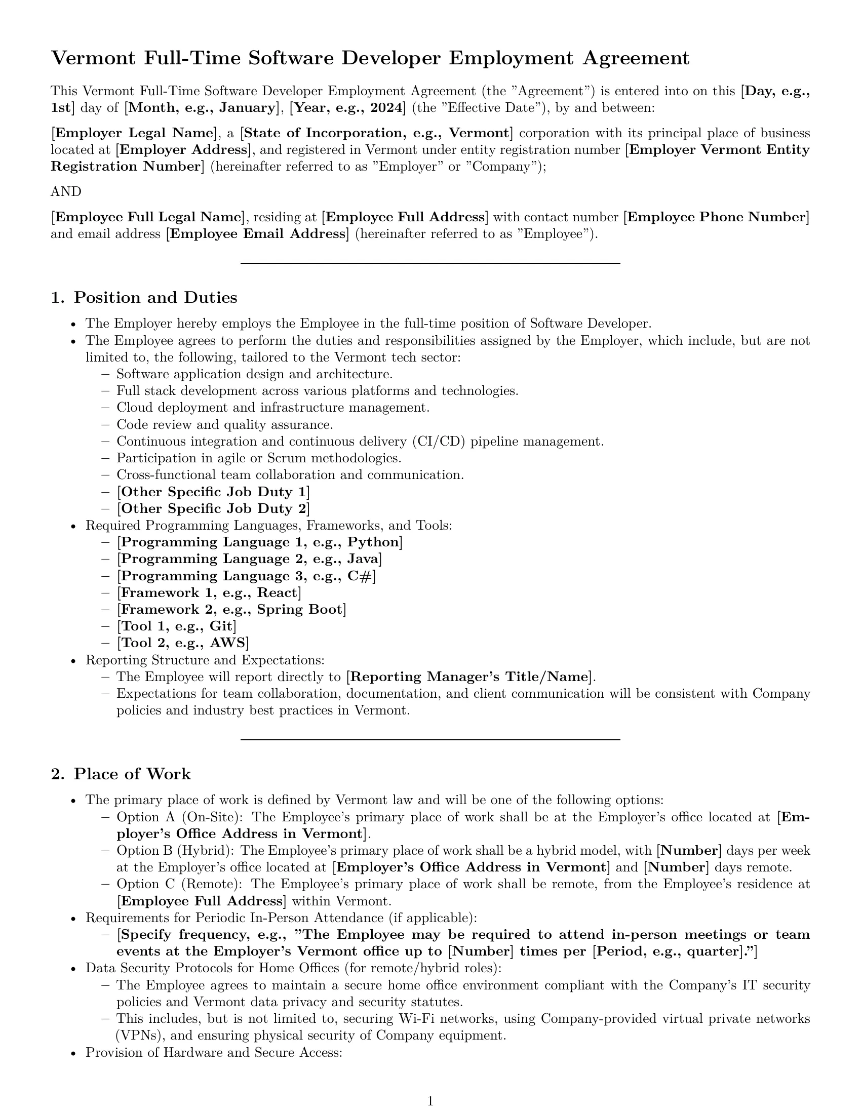 Preview page 1 of Pro Vermont software developer employment contract template