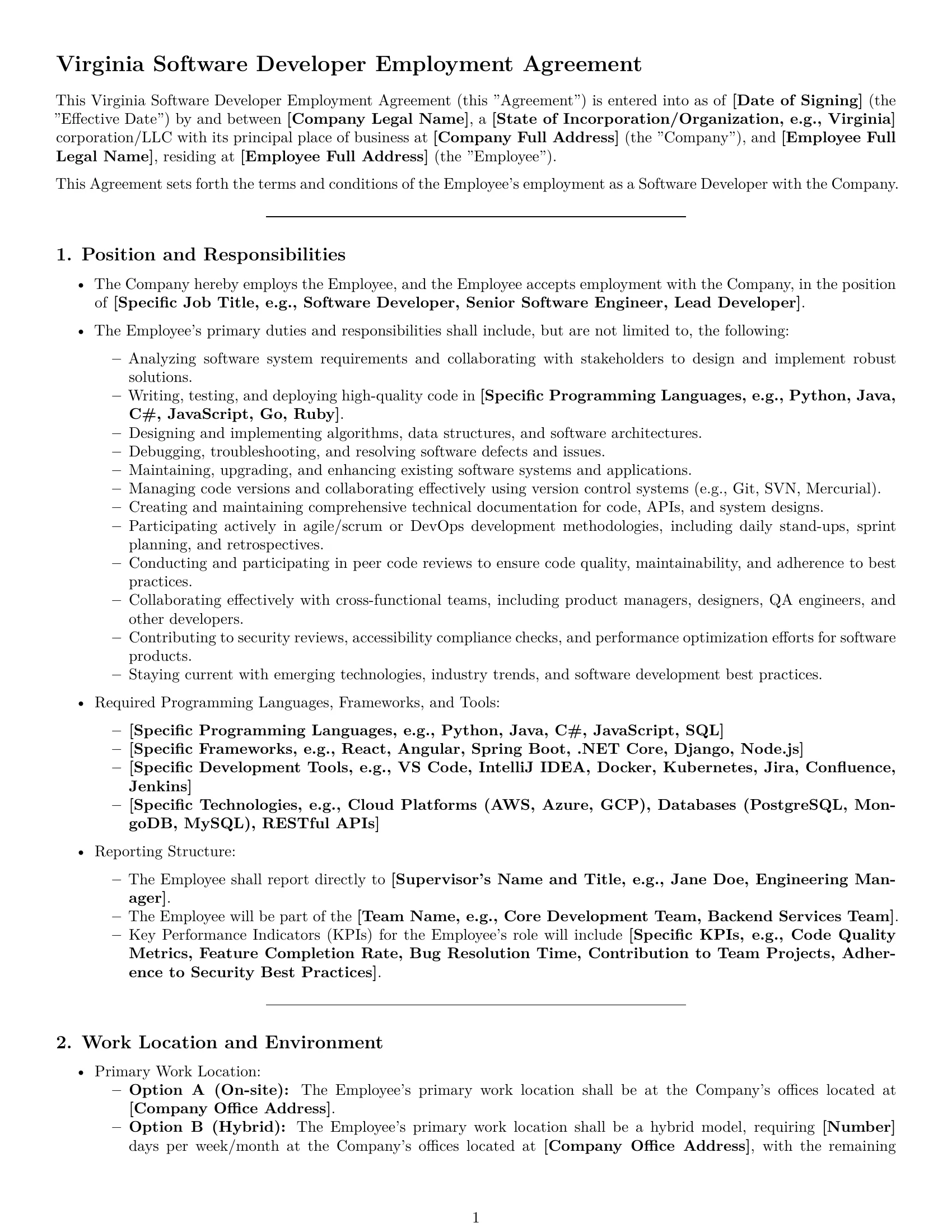 Preview page 1 of Pro Virginia software developer employment contract template