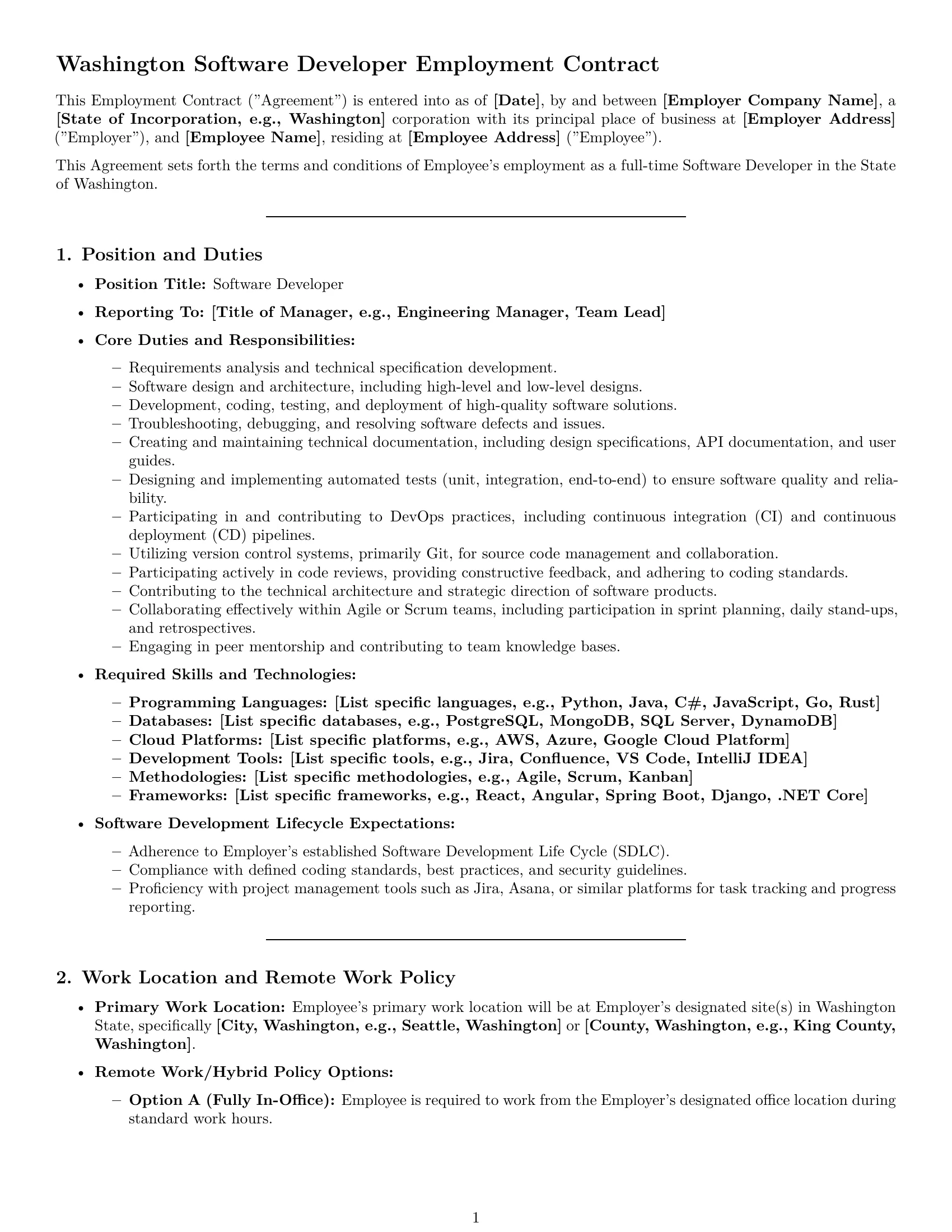 Preview page 1 of Pro Washington software developer employment contract template