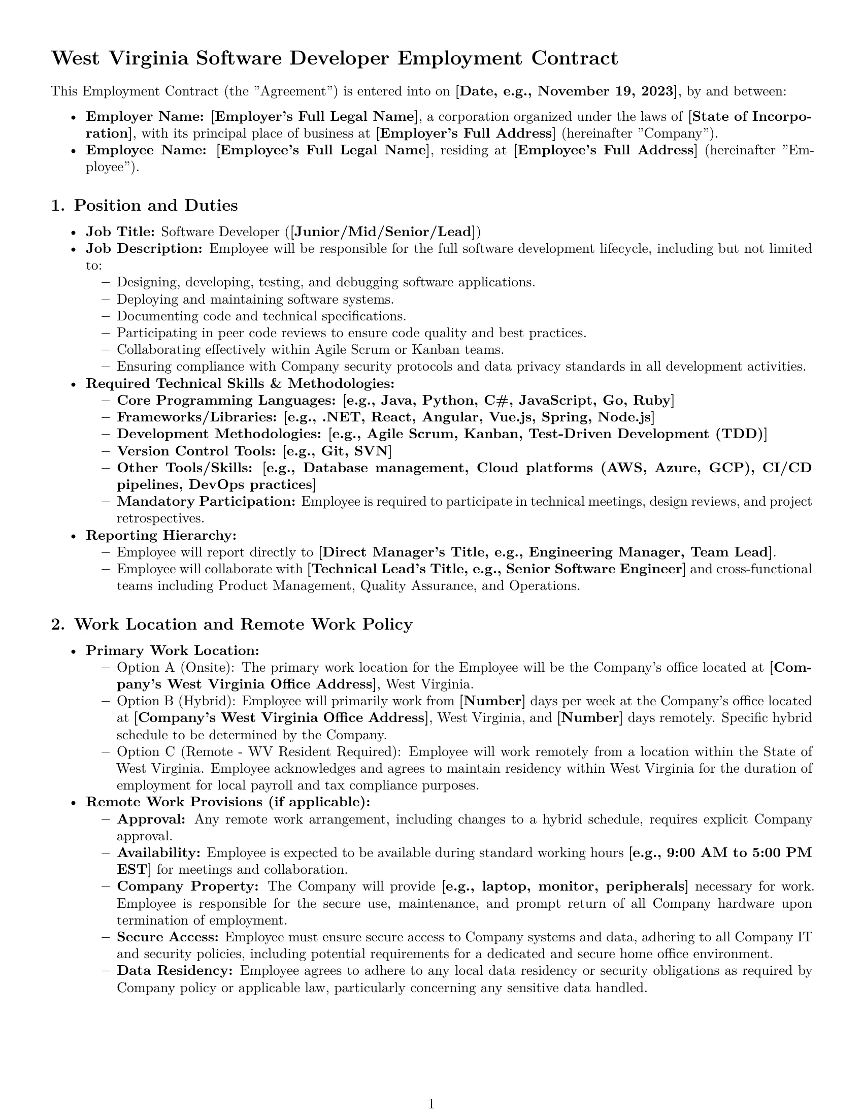 Preview page 1 of Pro West Virginia software developer employment contract template
