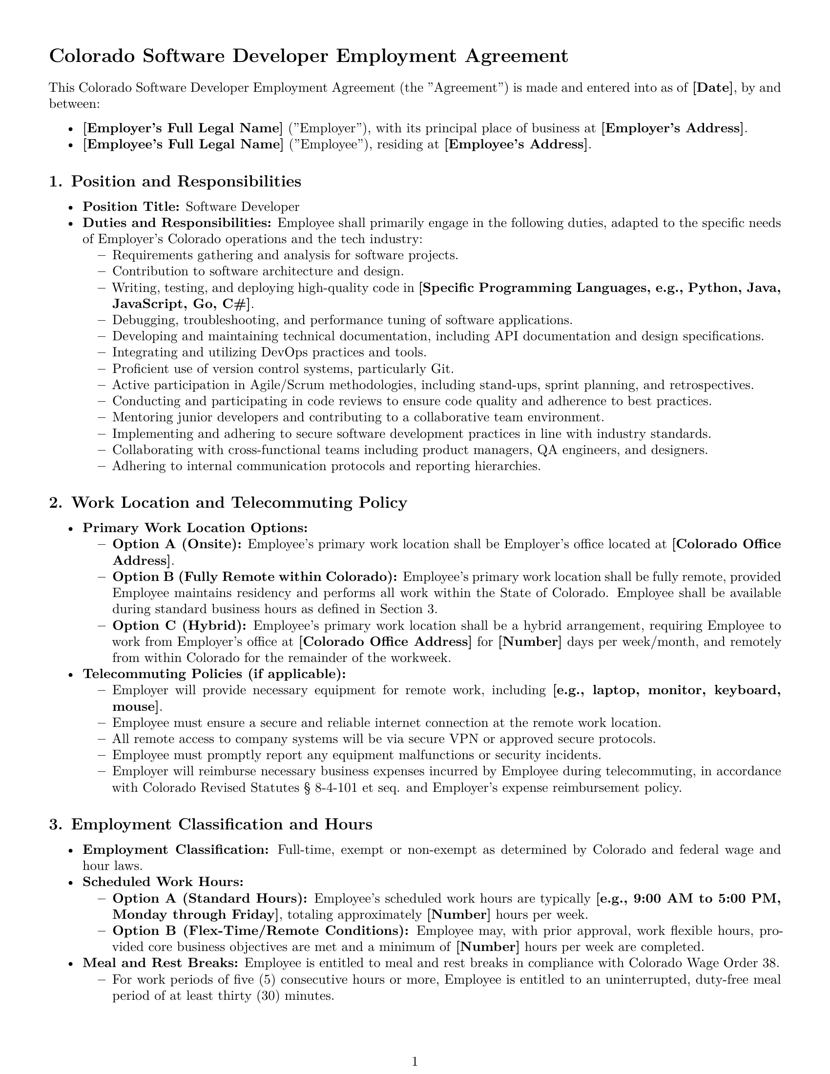 Preview page 1 of Pro Colorado software developer employment contract template
