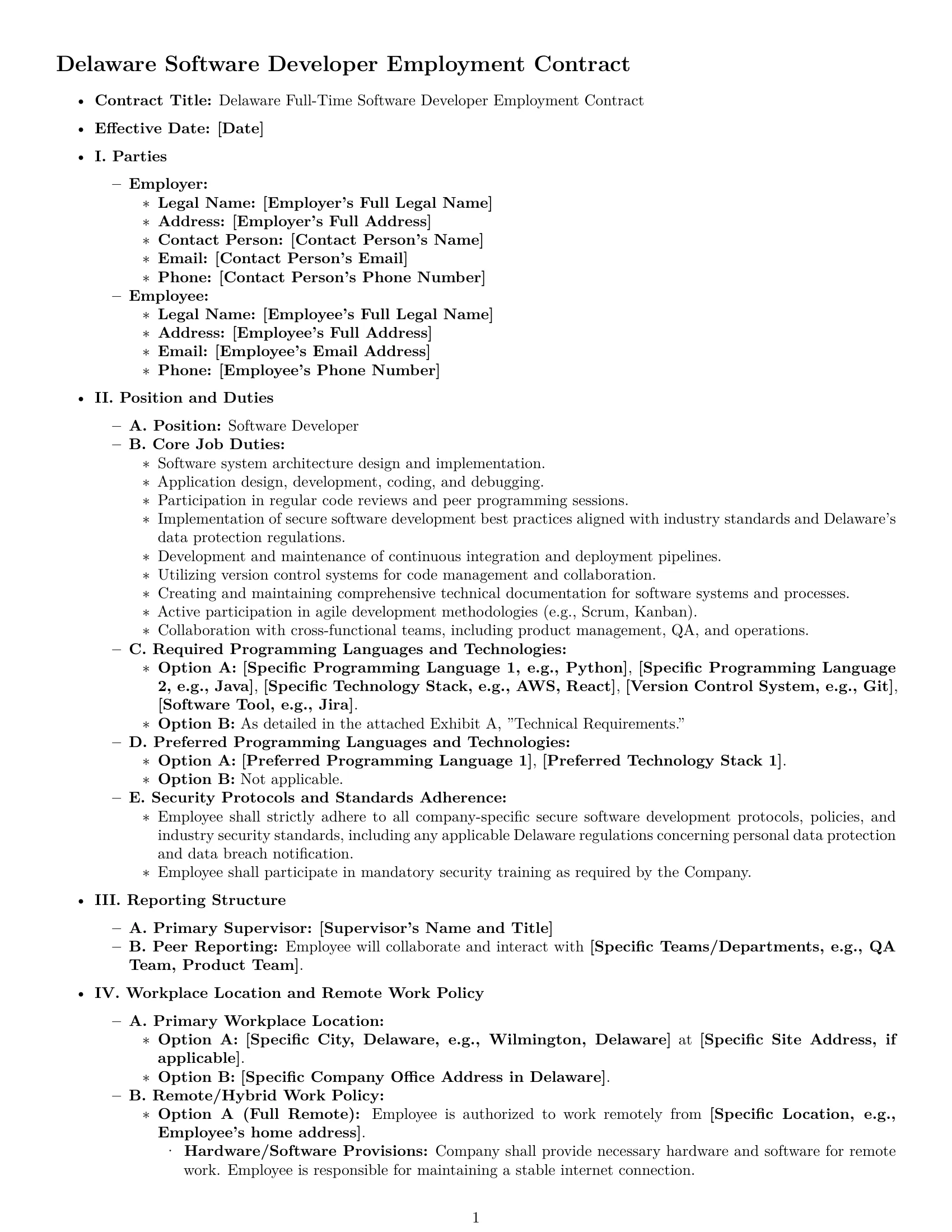Preview page 1 of Pro Delaware software developer employment contract template