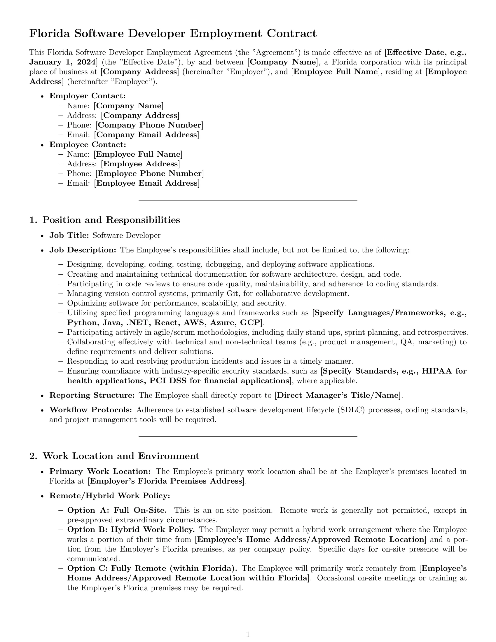 Preview page 1 of Pro Florida software developer employment contract template