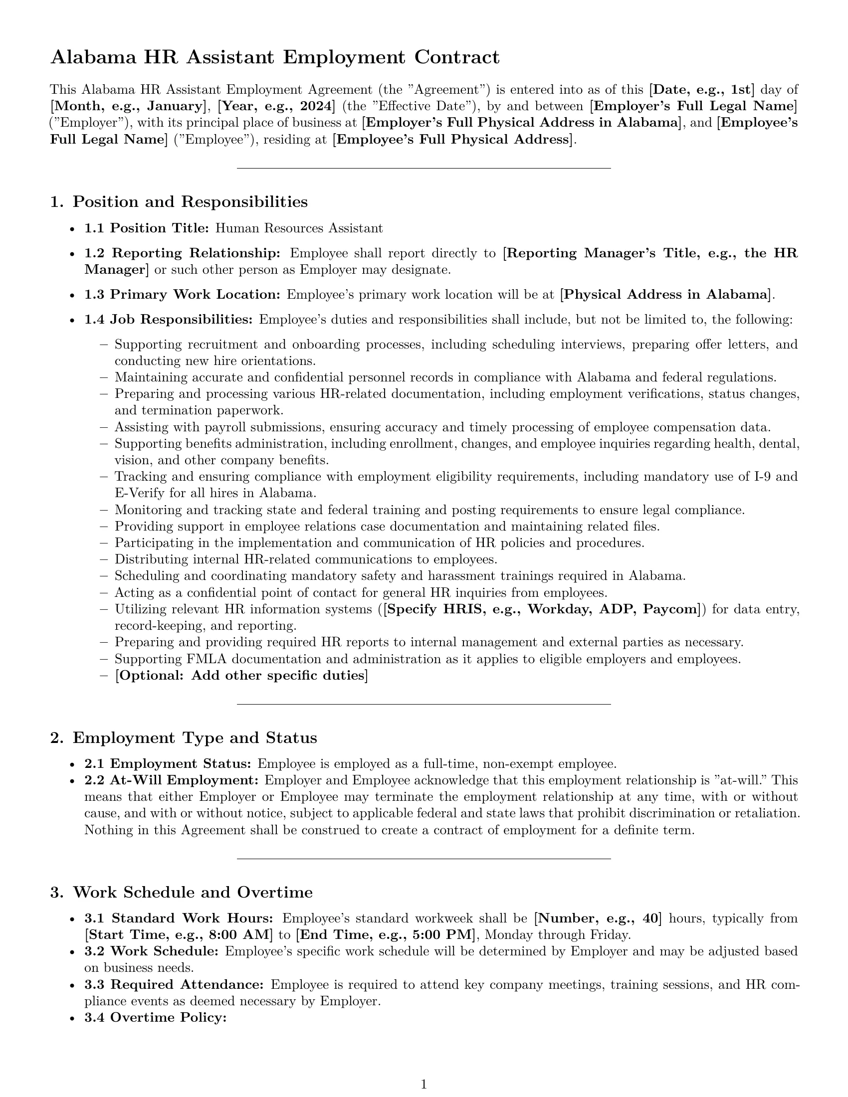 Preview page 1 of Pro Alabama HR assistant employment contract template