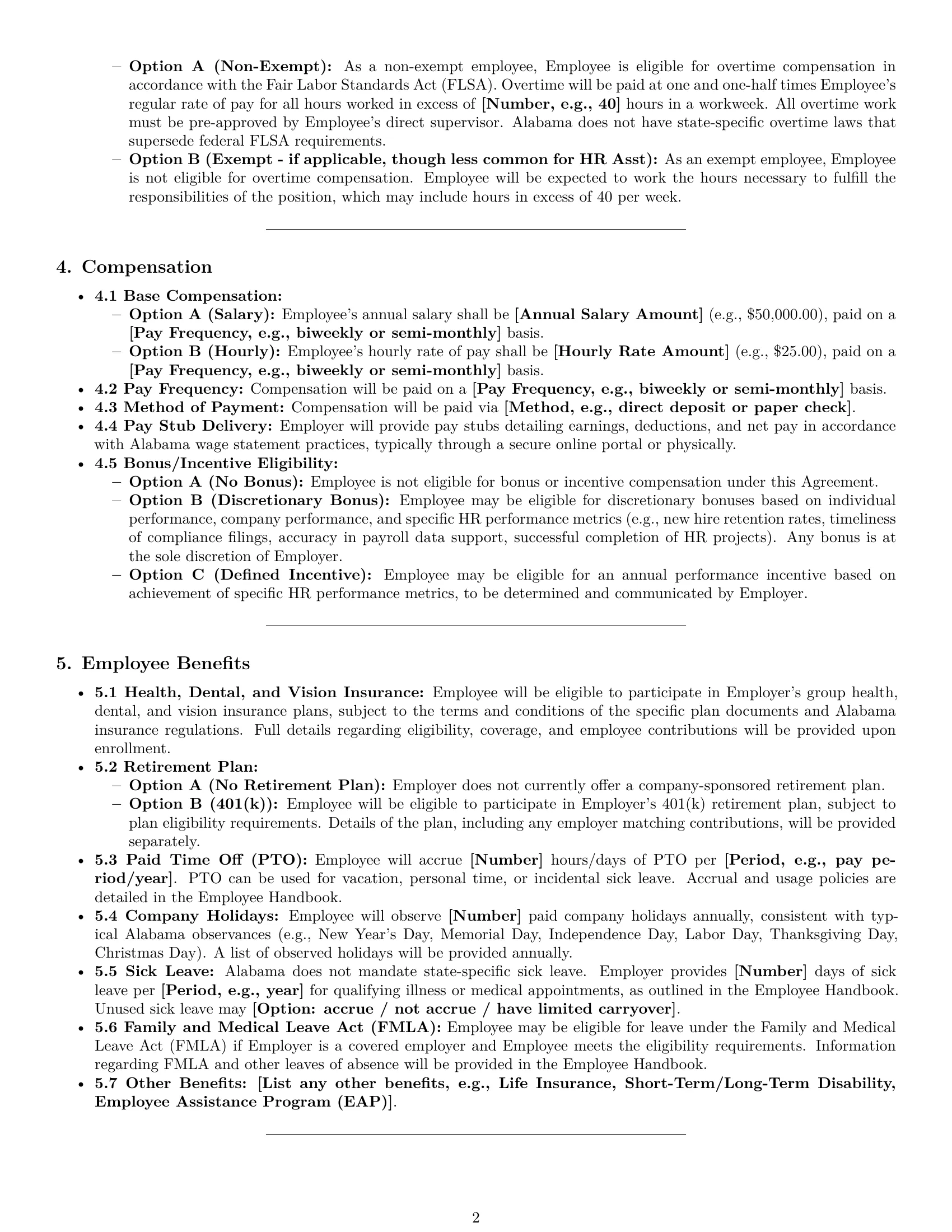 Preview page 2 of Pro Alabama HR assistant employment contract template