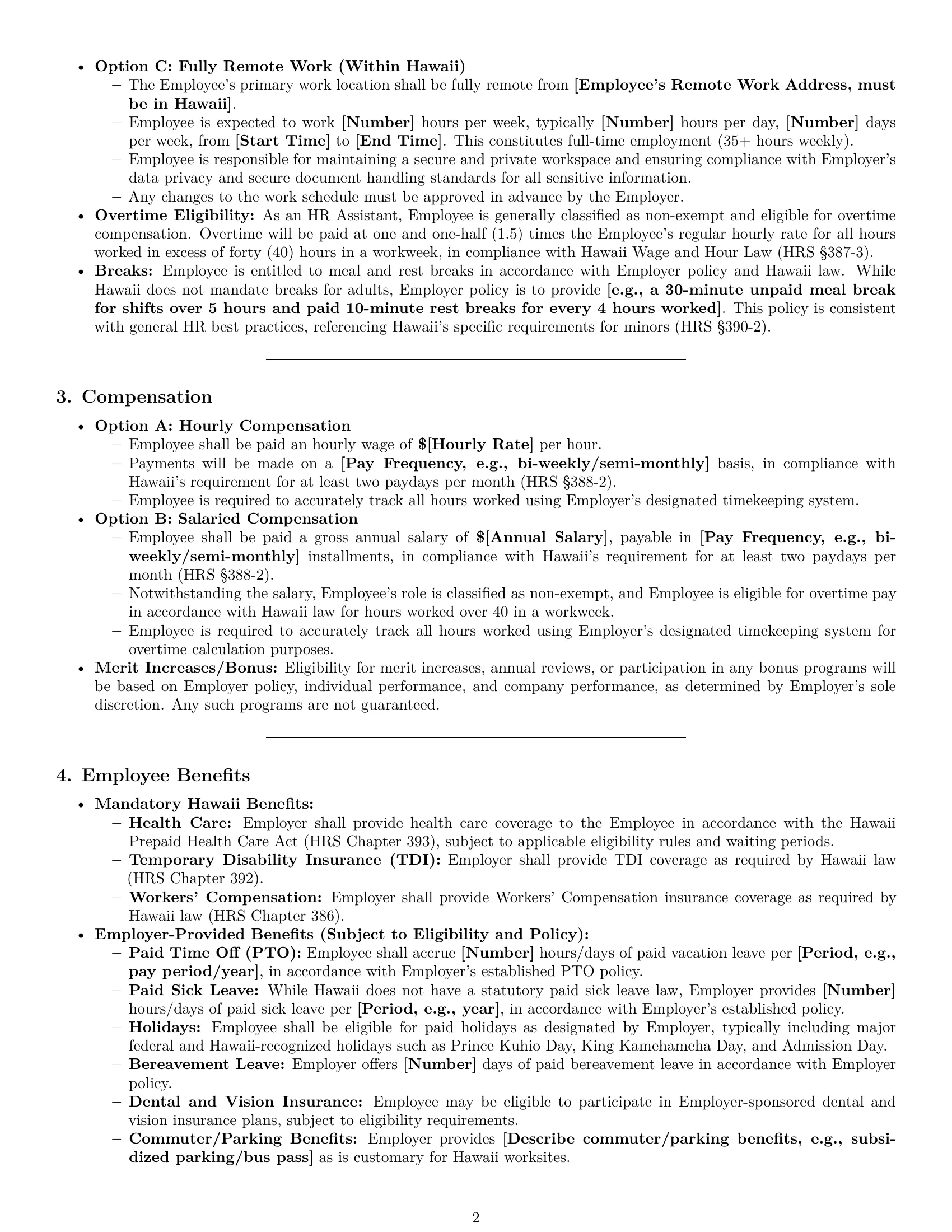 Preview page 2 of Pro Hawaii HR assistant employment contract template