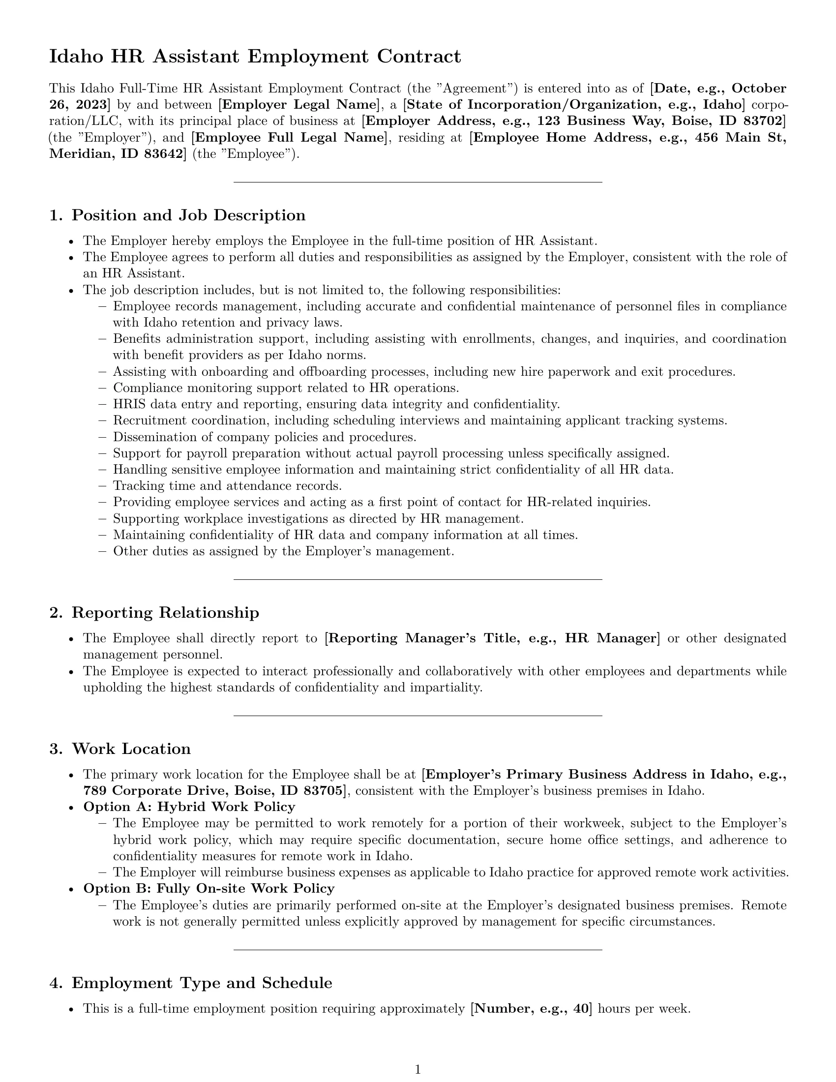 Preview page 1 of Pro Idaho HR assistant employment contract template