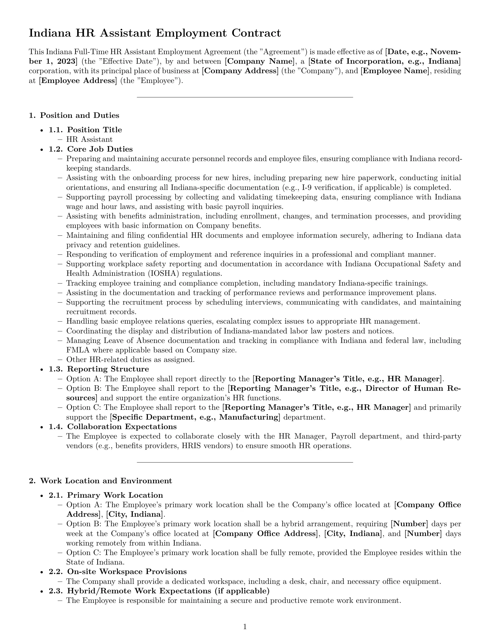 Preview page 1 of Pro Indiana HR assistant employment contract template