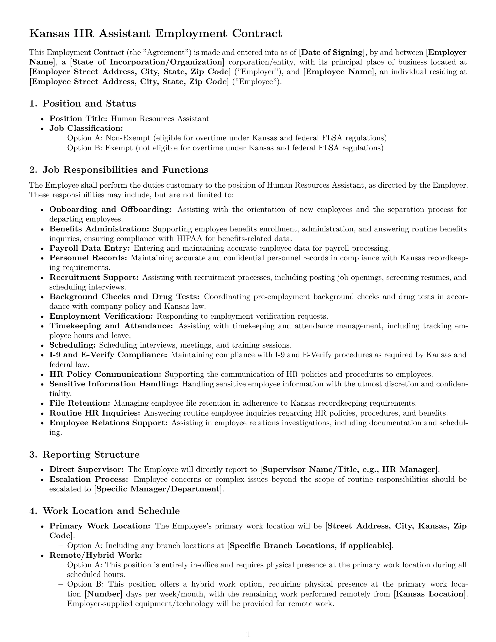 Preview page 1 of Pro Kansas HR assistant employment contract template