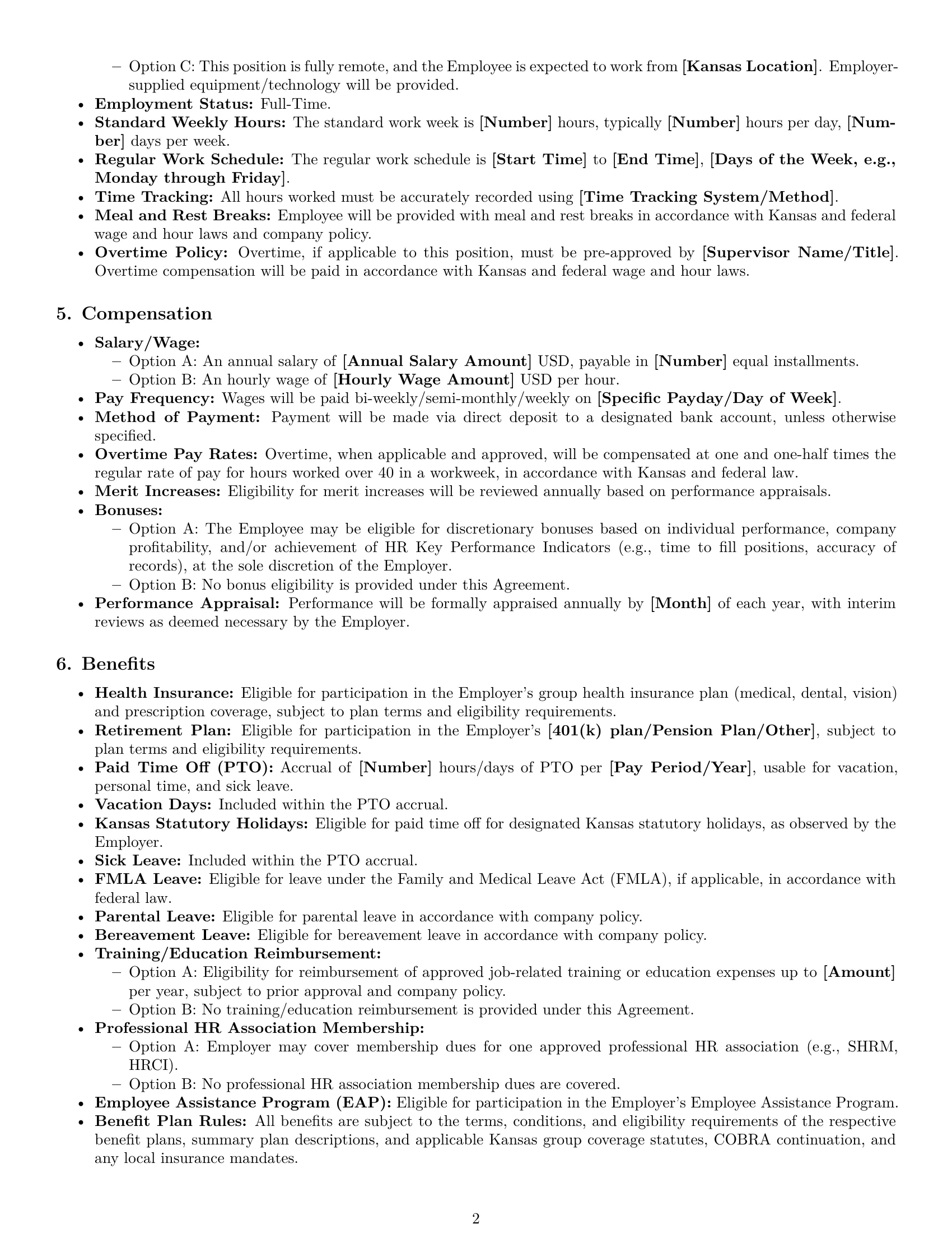Preview page 2 of Pro Kansas HR assistant employment contract template