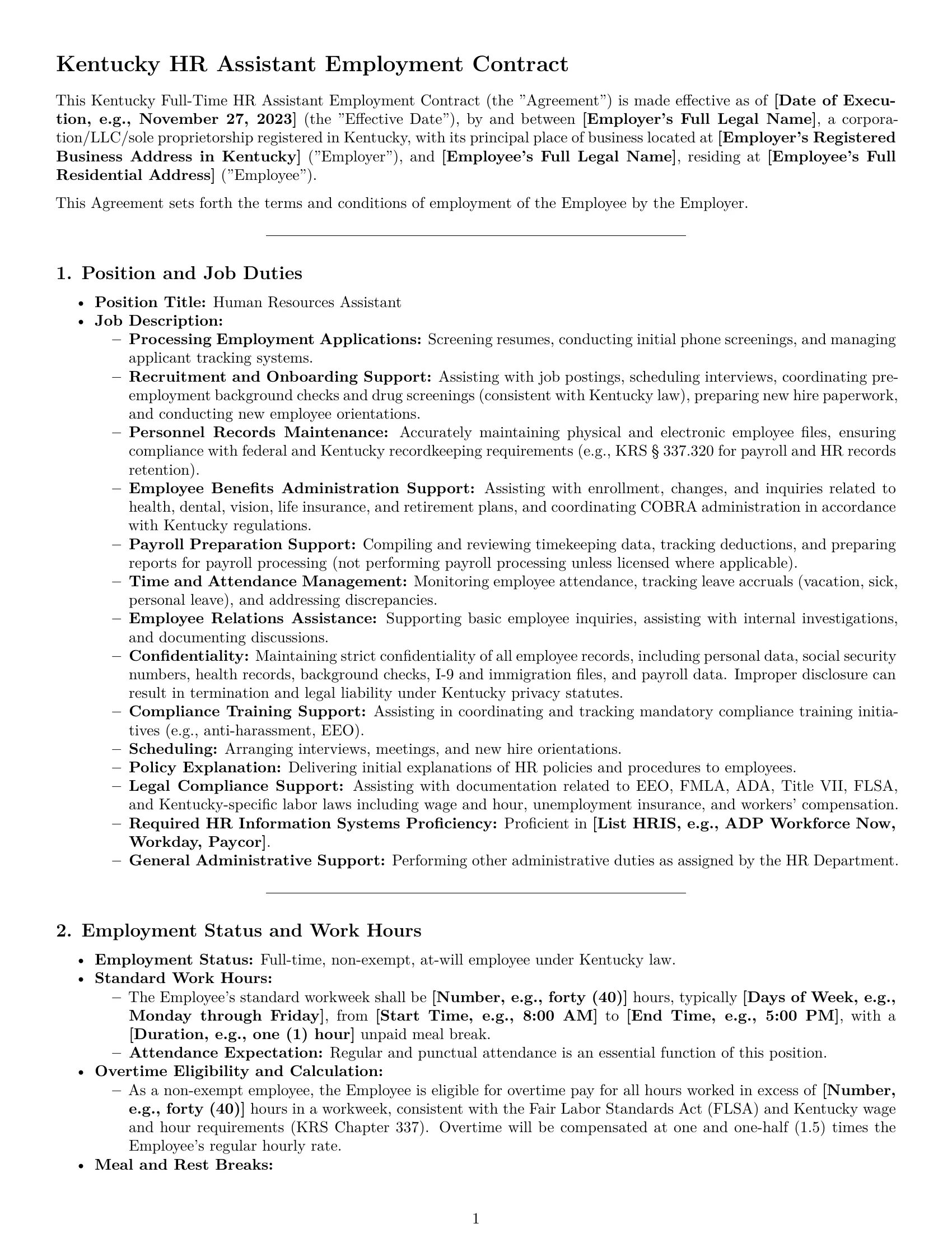 Preview page 1 of Pro Kentucky HR assistant employment contract template