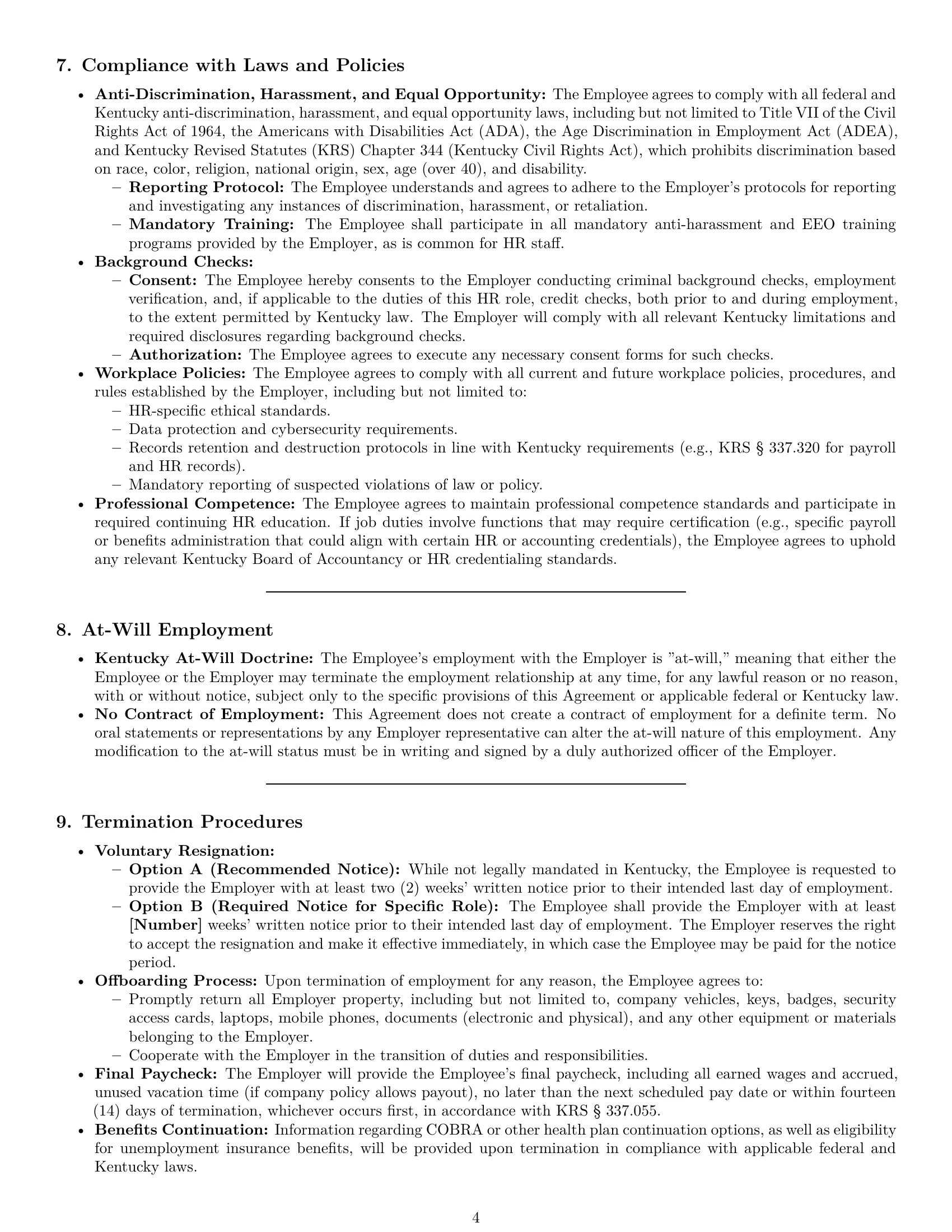 Preview page 4 of Pro Kentucky HR assistant employment contract template