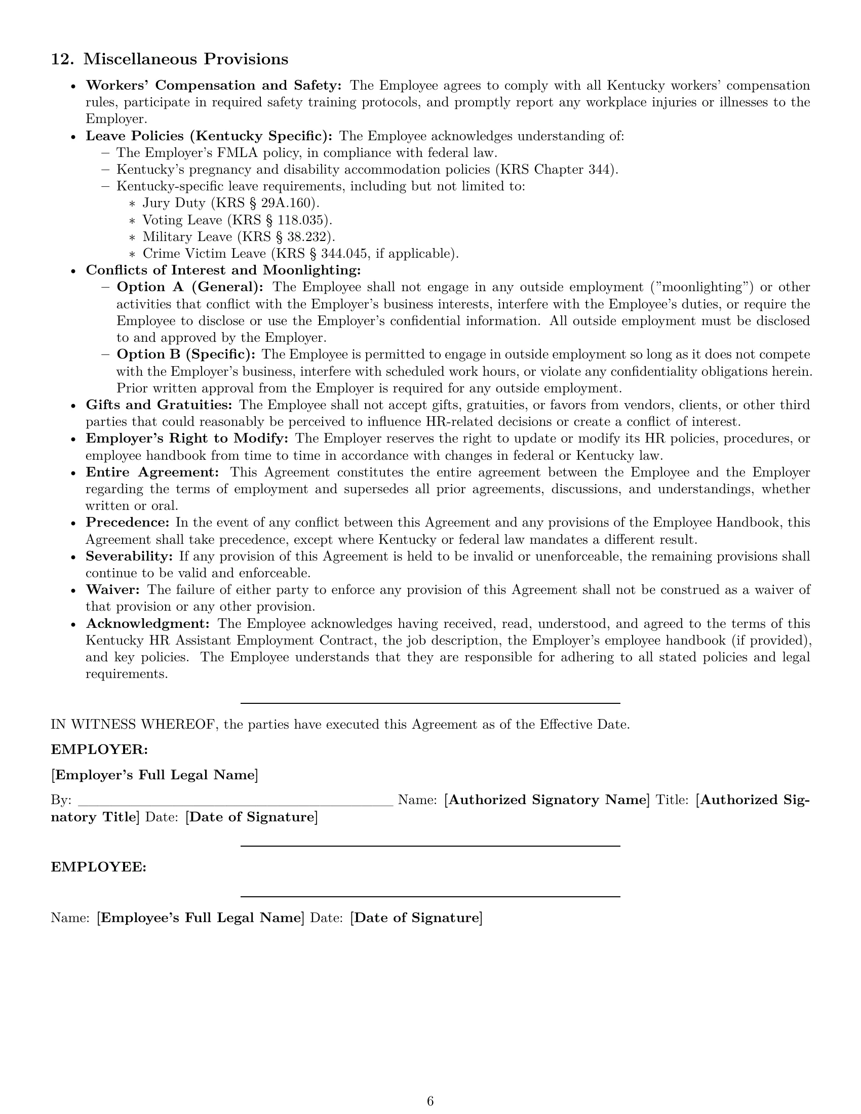 Preview page 6 of Pro Kentucky HR assistant employment contract template