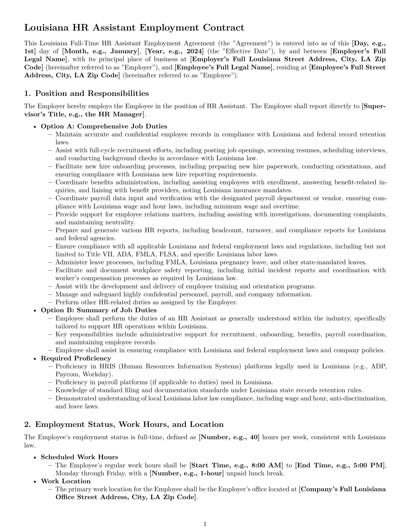 Preview page 1 of Pro Louisiana HR assistant employment contract template