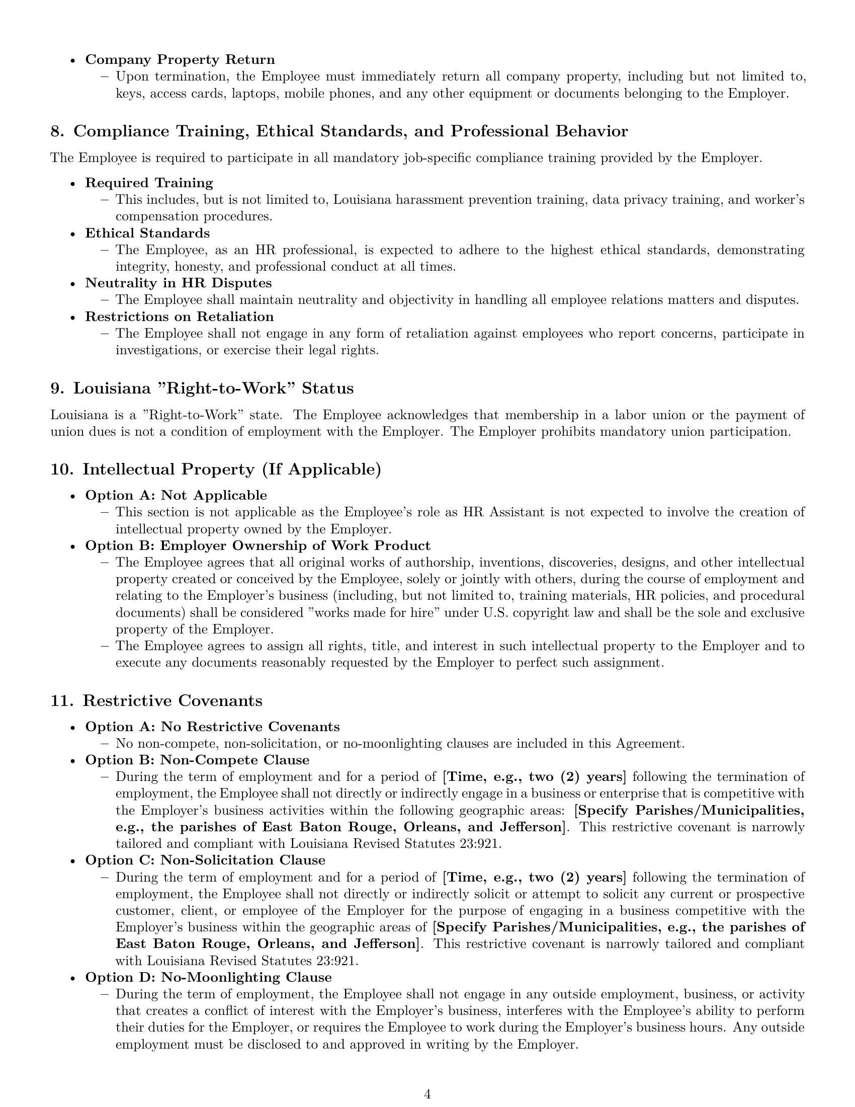 Preview page 4 of Pro Louisiana HR assistant employment contract template