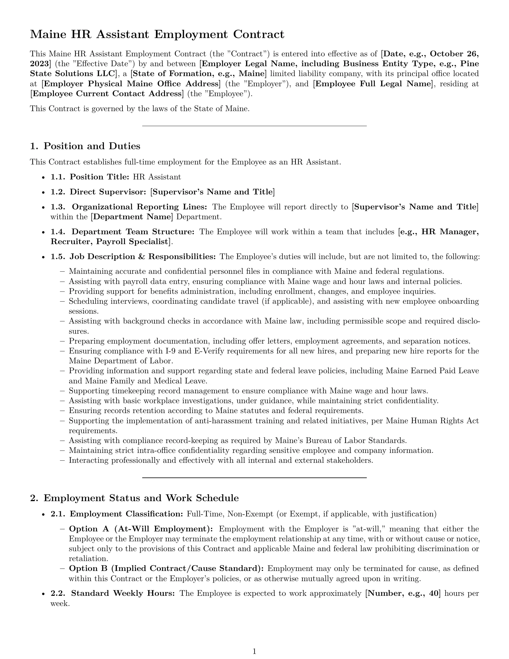 Preview page 1 of Pro Maine HR assistant employment contract template
