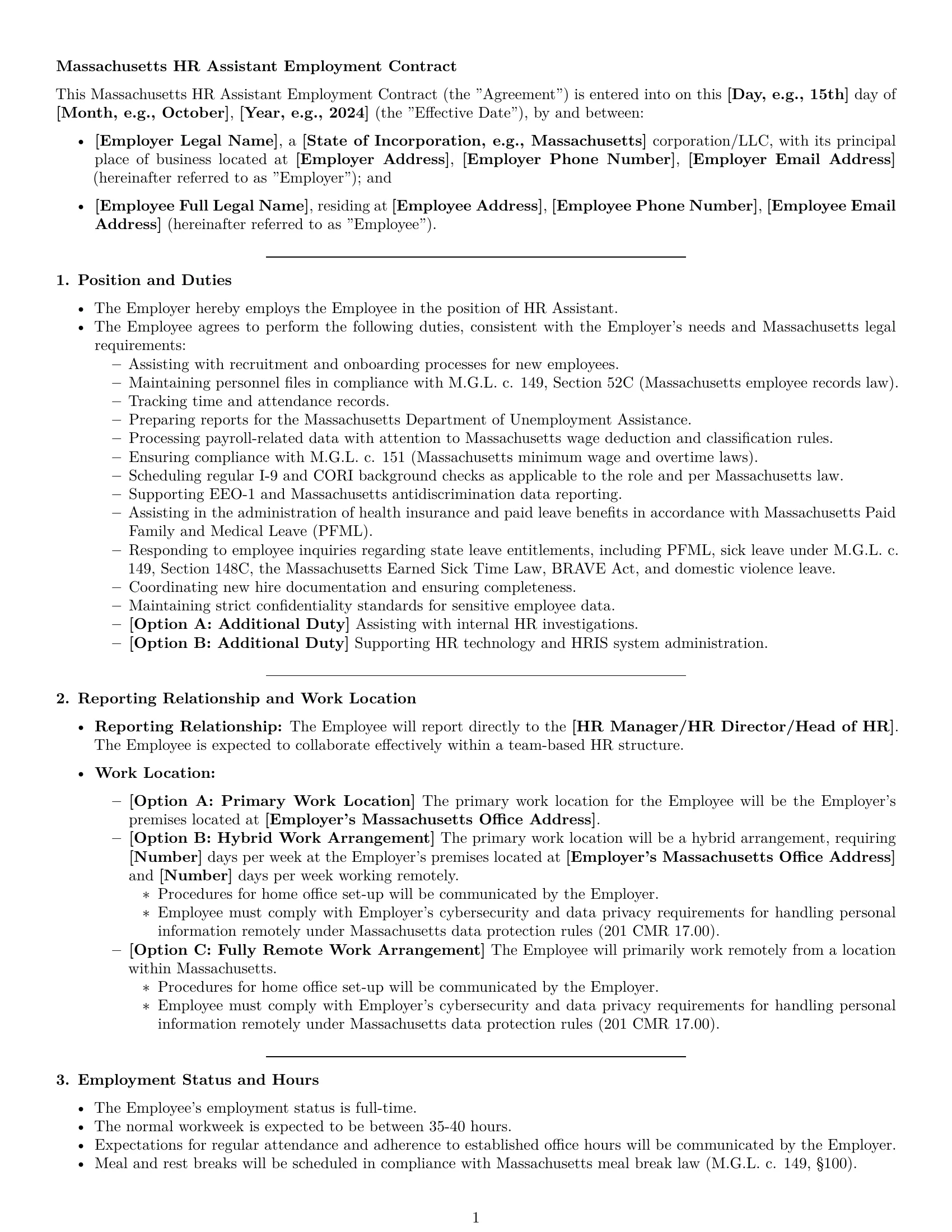 Preview page 1 of Pro Massachusetts HR assistant employment contract template
