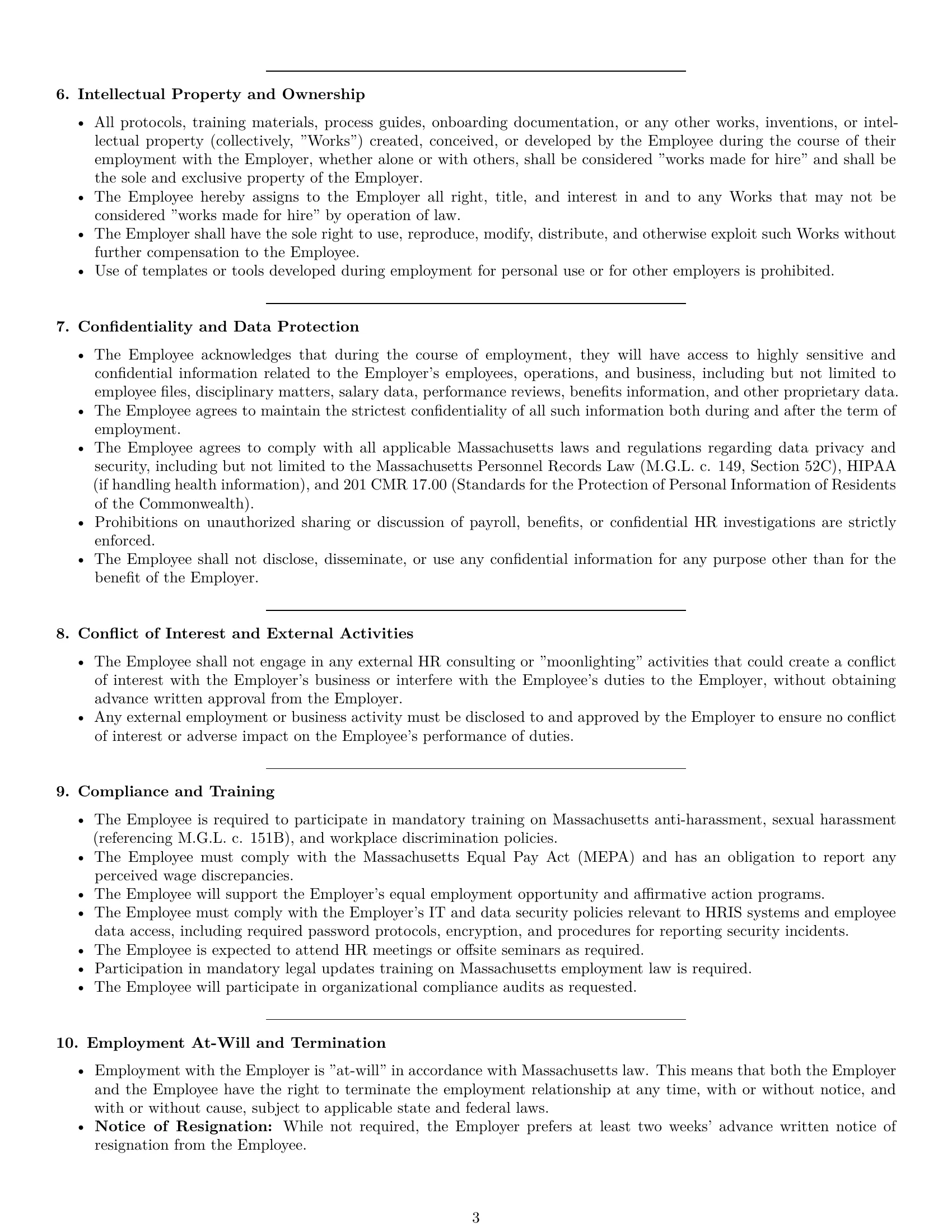 Preview page 3 of Pro Massachusetts HR assistant employment contract template