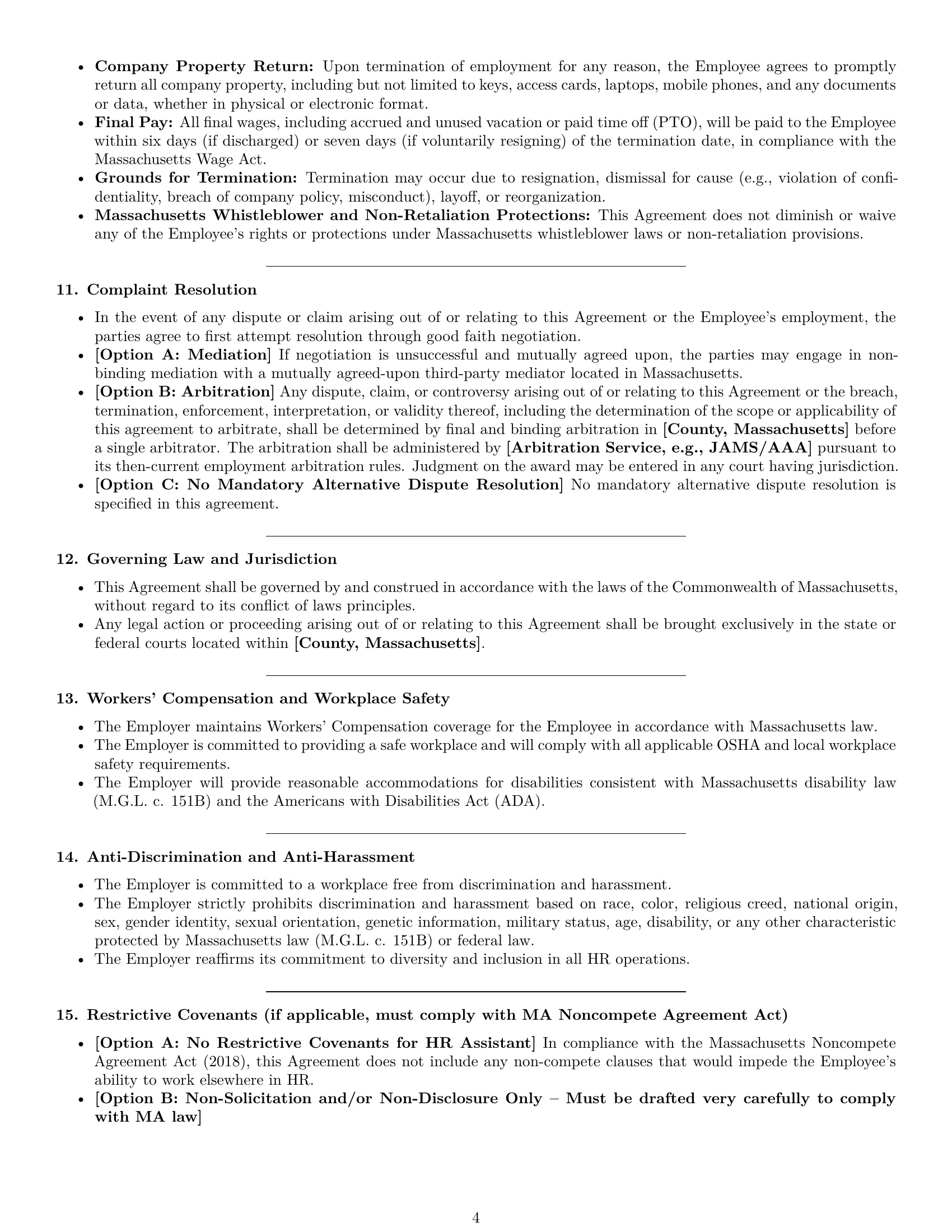 Preview page 4 of Pro Massachusetts HR assistant employment contract template
