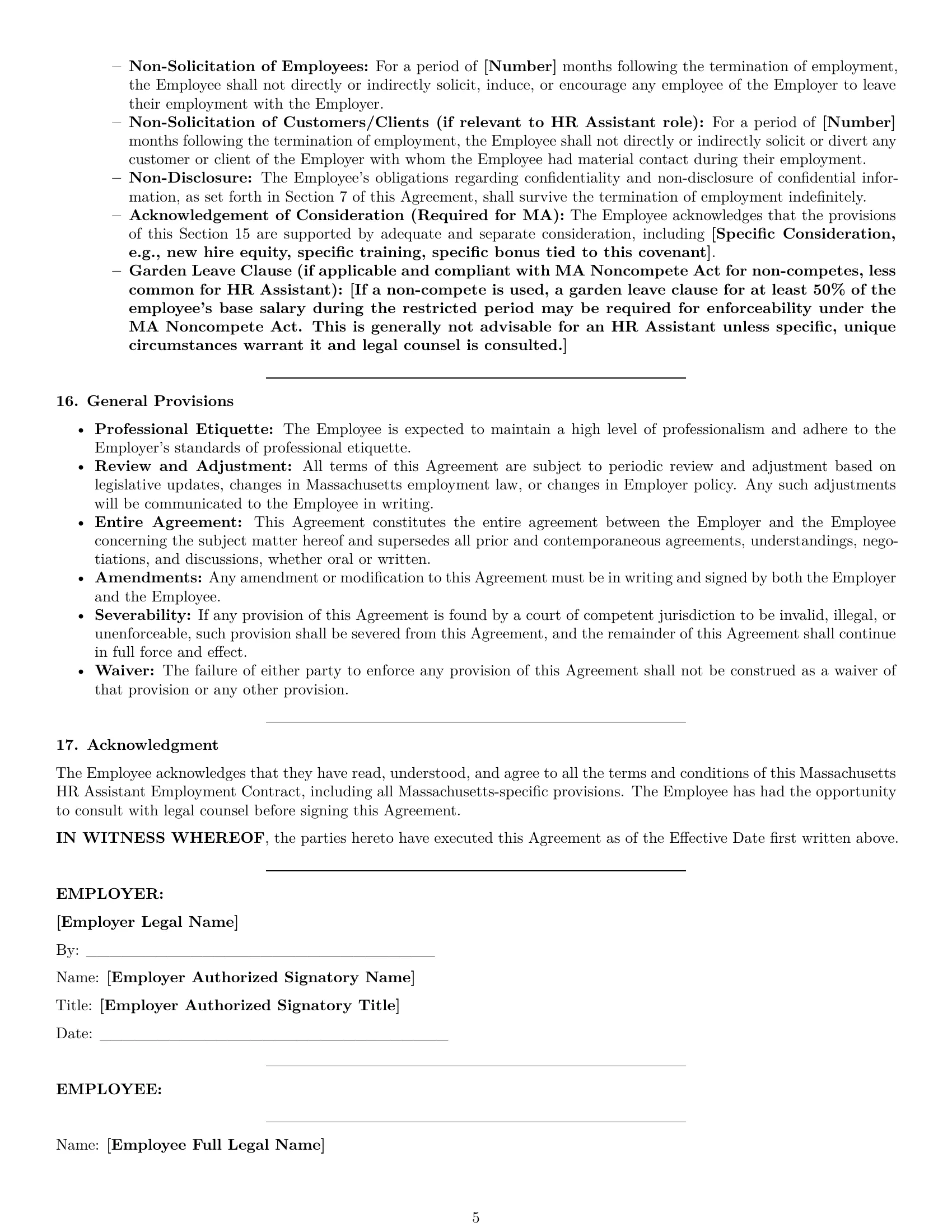 Preview page 5 of Pro Massachusetts HR assistant employment contract template