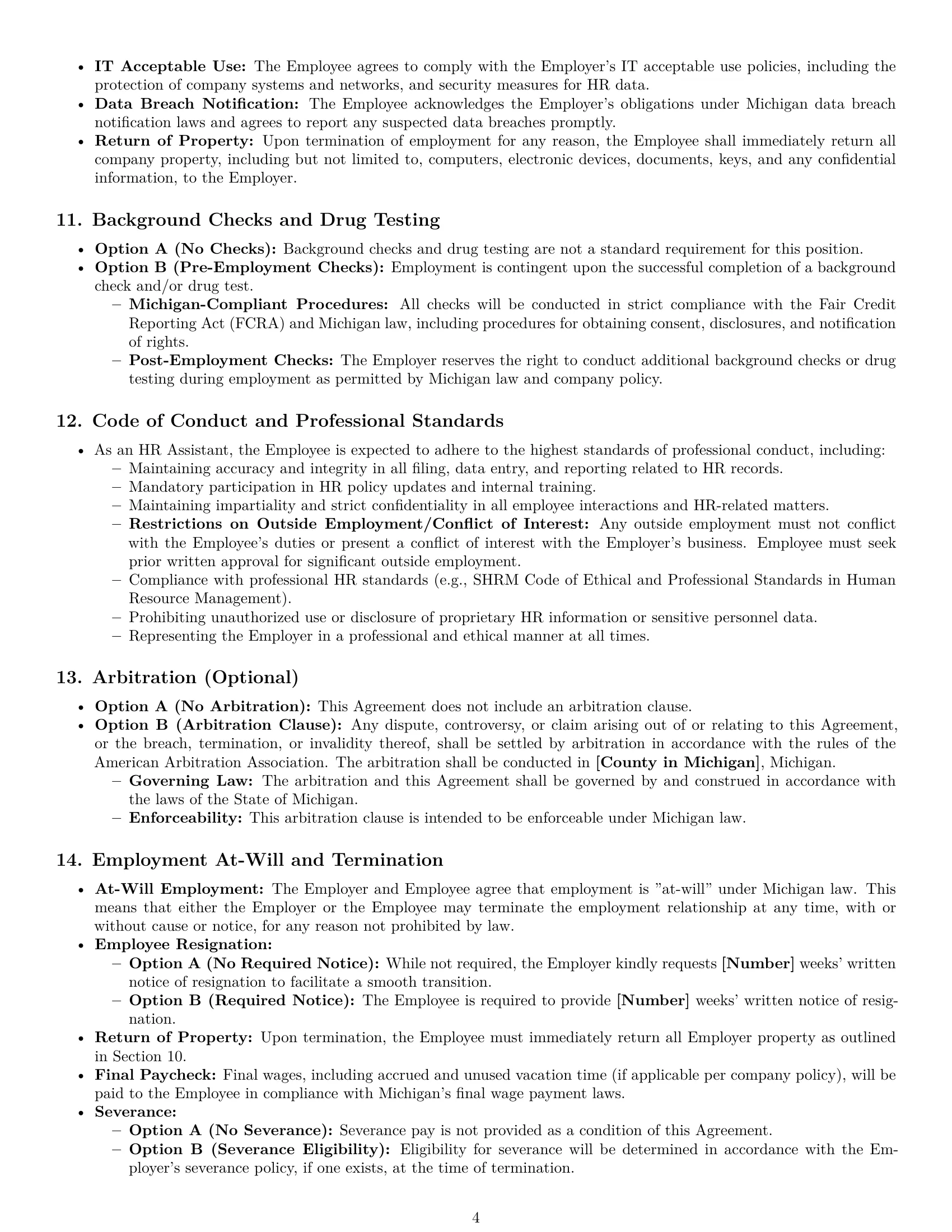 Preview page 4 of Pro Michigan HR assistant employment contract template