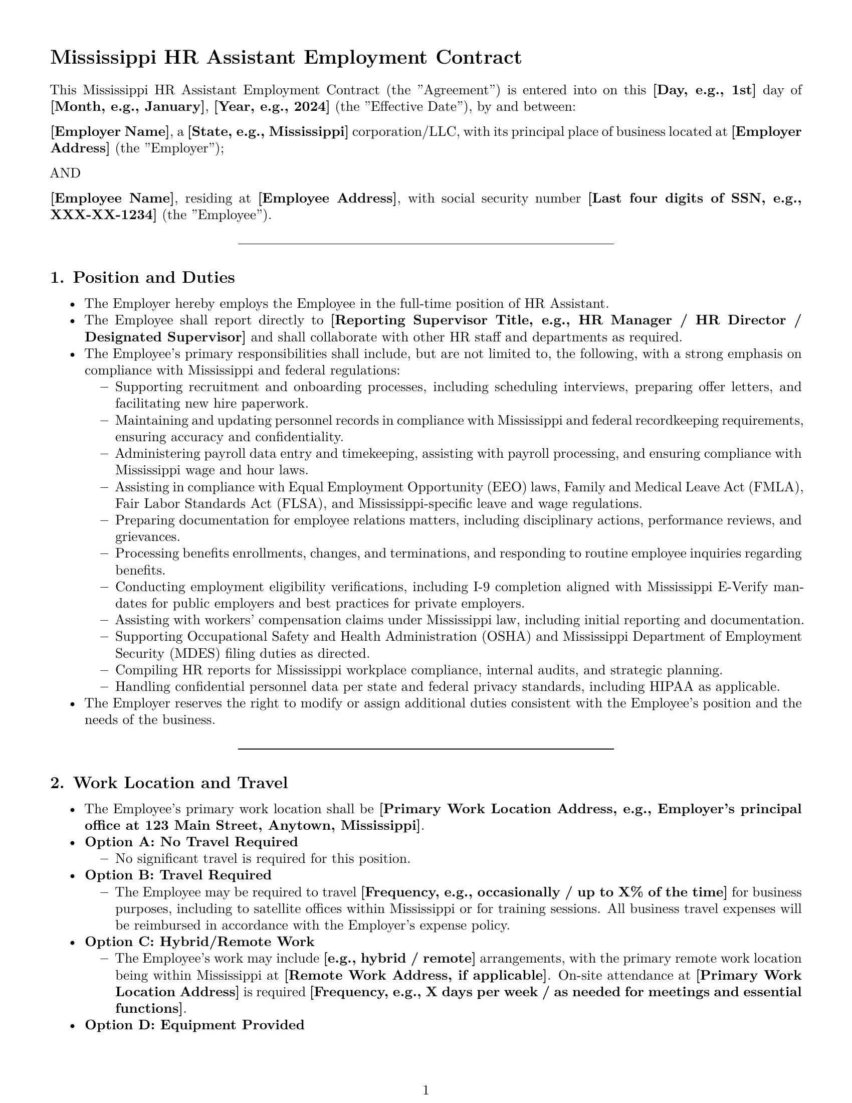 Preview page 1 of Pro Mississippi HR assistant employment contract template