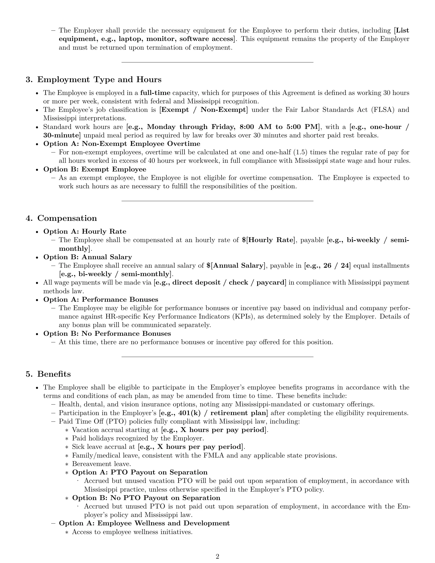 Preview page 2 of Pro Mississippi HR assistant employment contract template