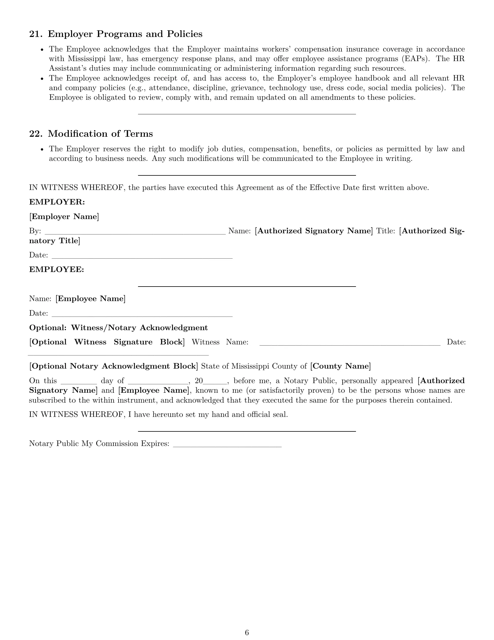 Preview page 6 of Pro Mississippi HR assistant employment contract template