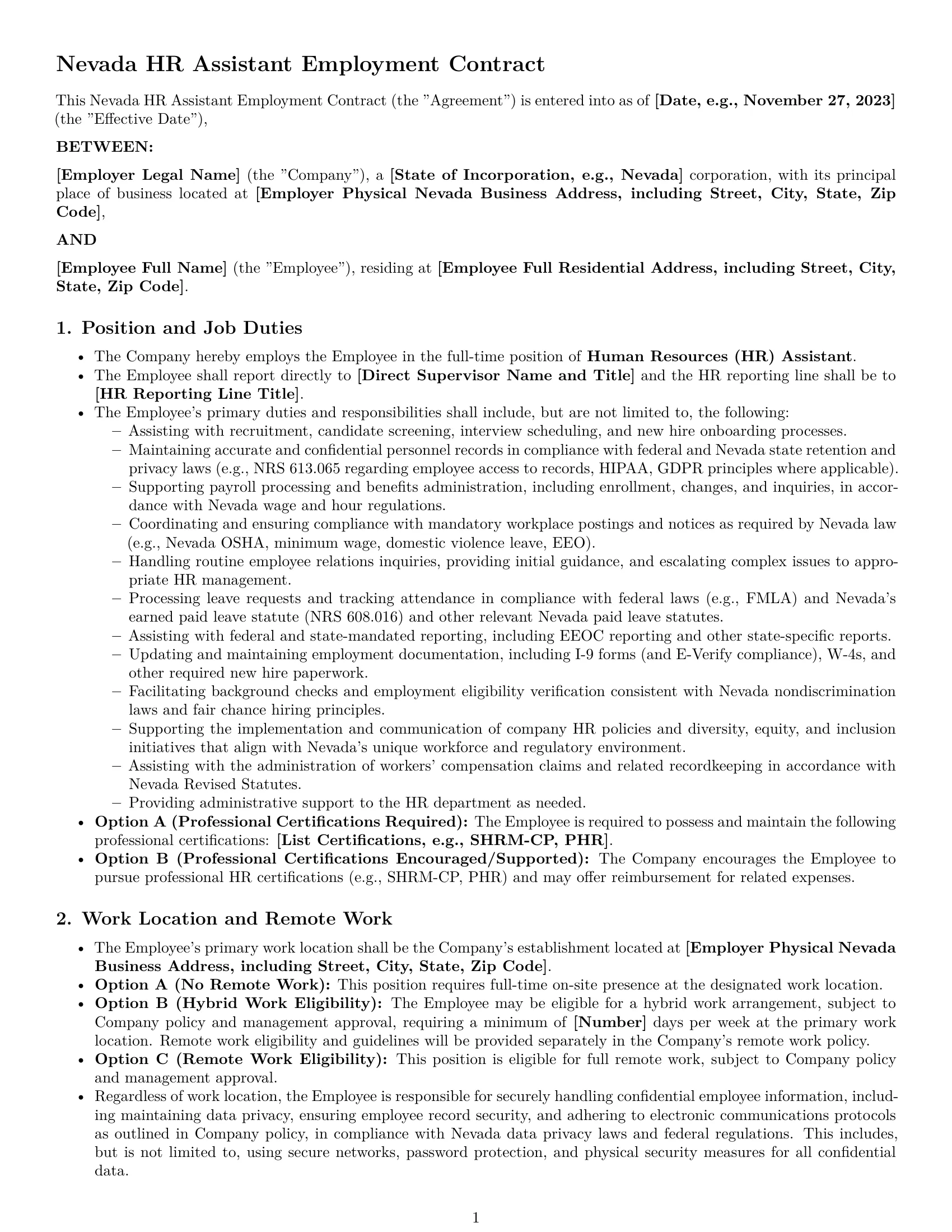 Preview page 1 of Pro Nevada HR assistant employment contract template