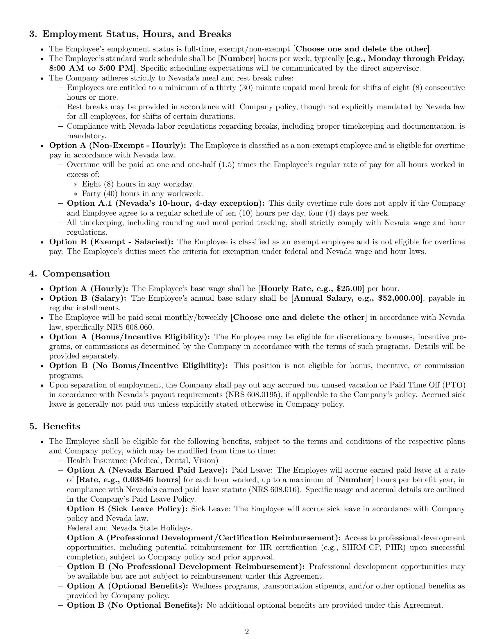 Preview page 2 of Pro Nevada HR assistant employment contract template