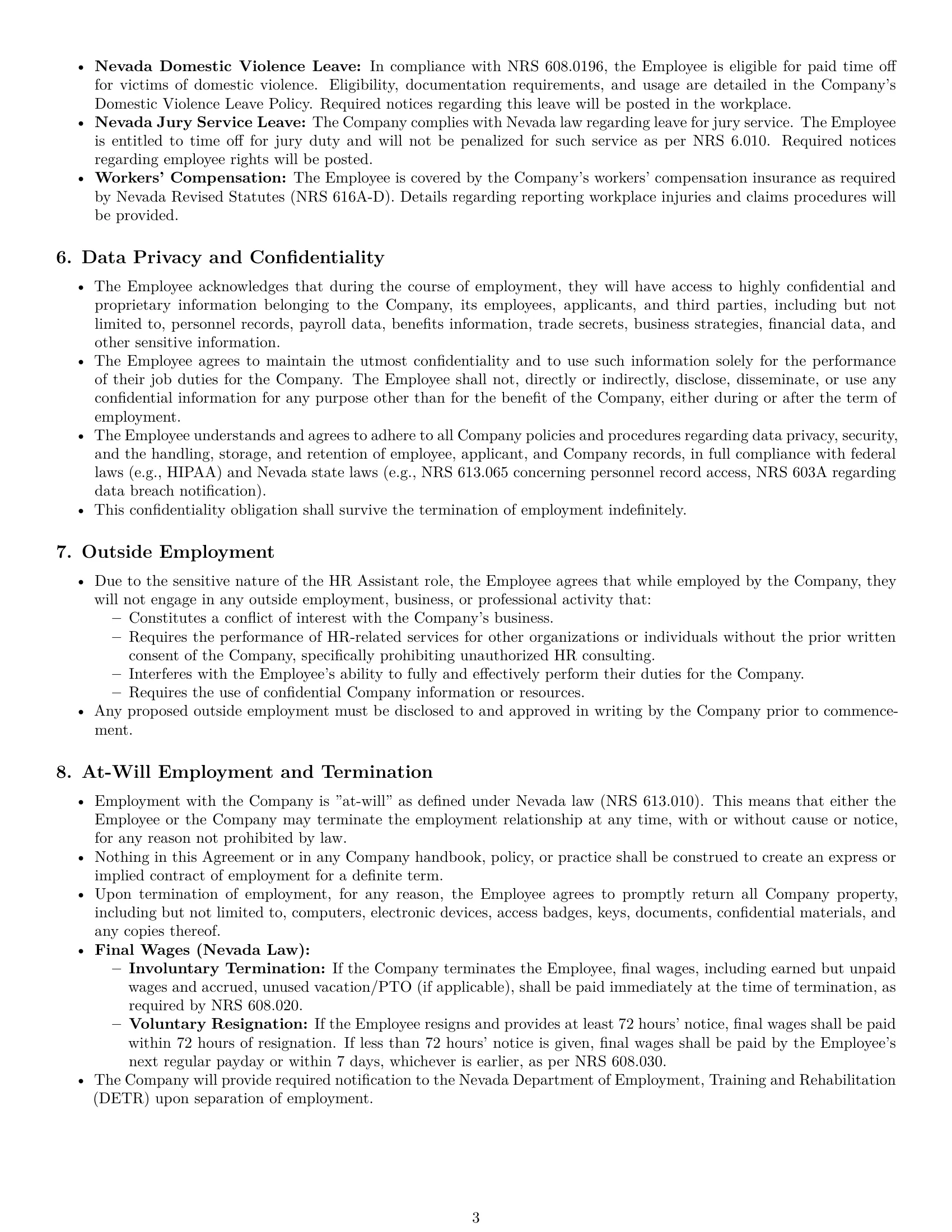 Preview page 3 of Pro Nevada HR assistant employment contract template