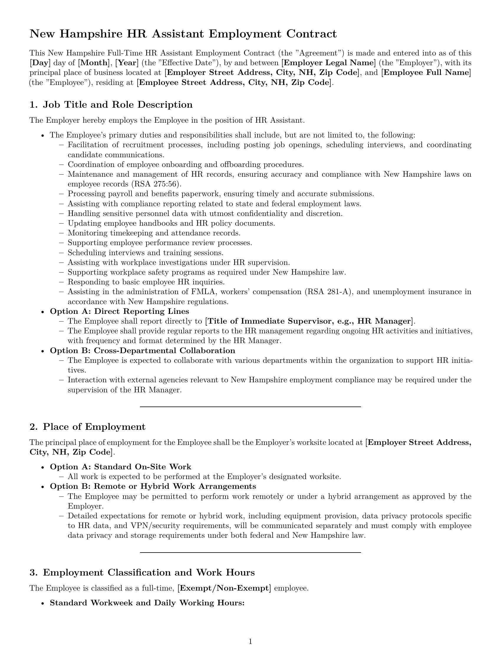 Preview page 1 of Pro New Hampshire HR assistant employment contract template