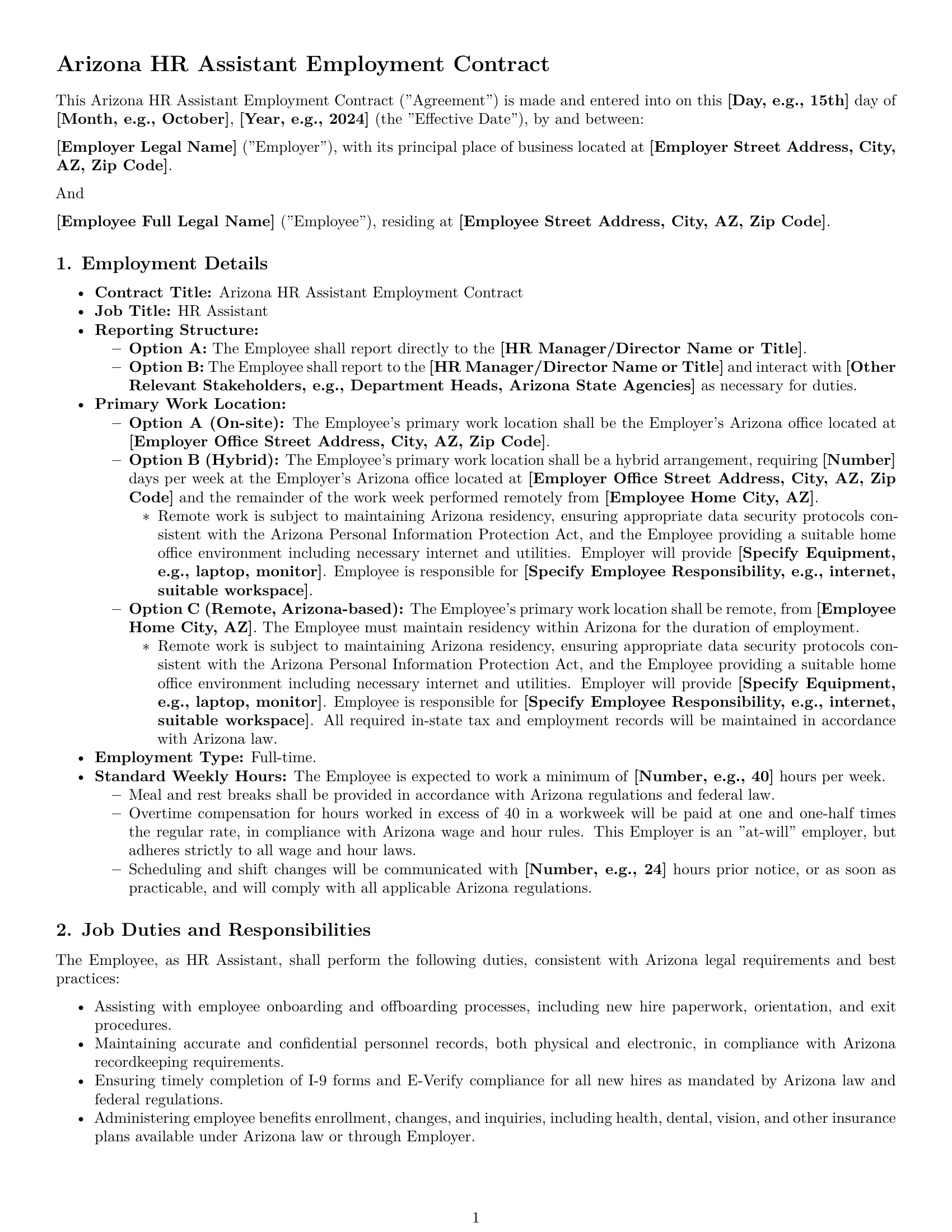 Preview page 1 of Pro Arizona HR assistant employment contract template