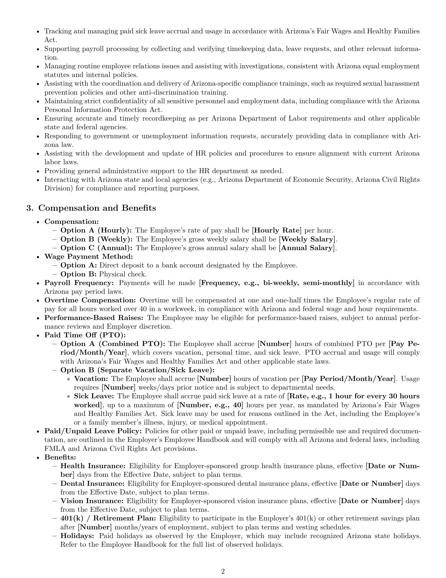 Preview page 2 of Pro Arizona HR assistant employment contract template