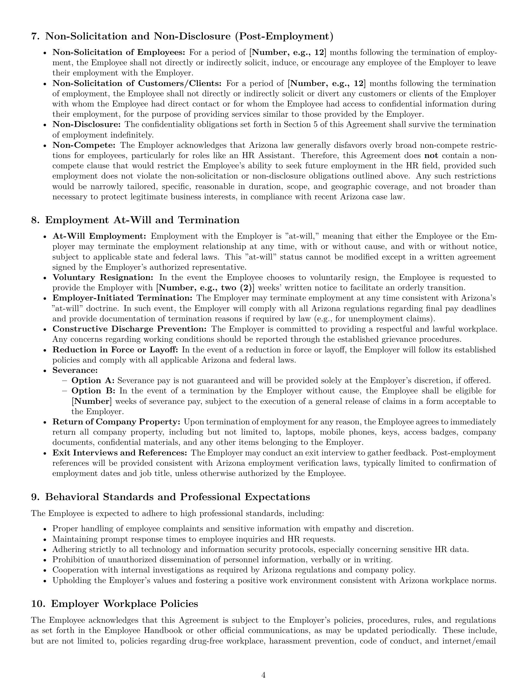 Preview page 4 of Pro Arizona HR assistant employment contract template