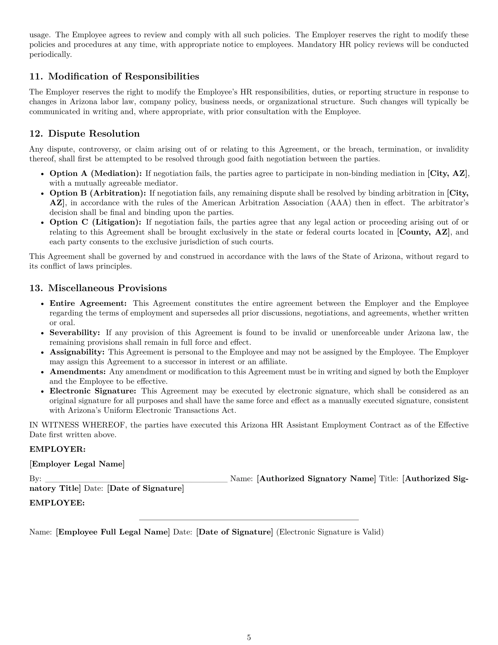 Preview page 5 of Pro Arizona HR assistant employment contract template