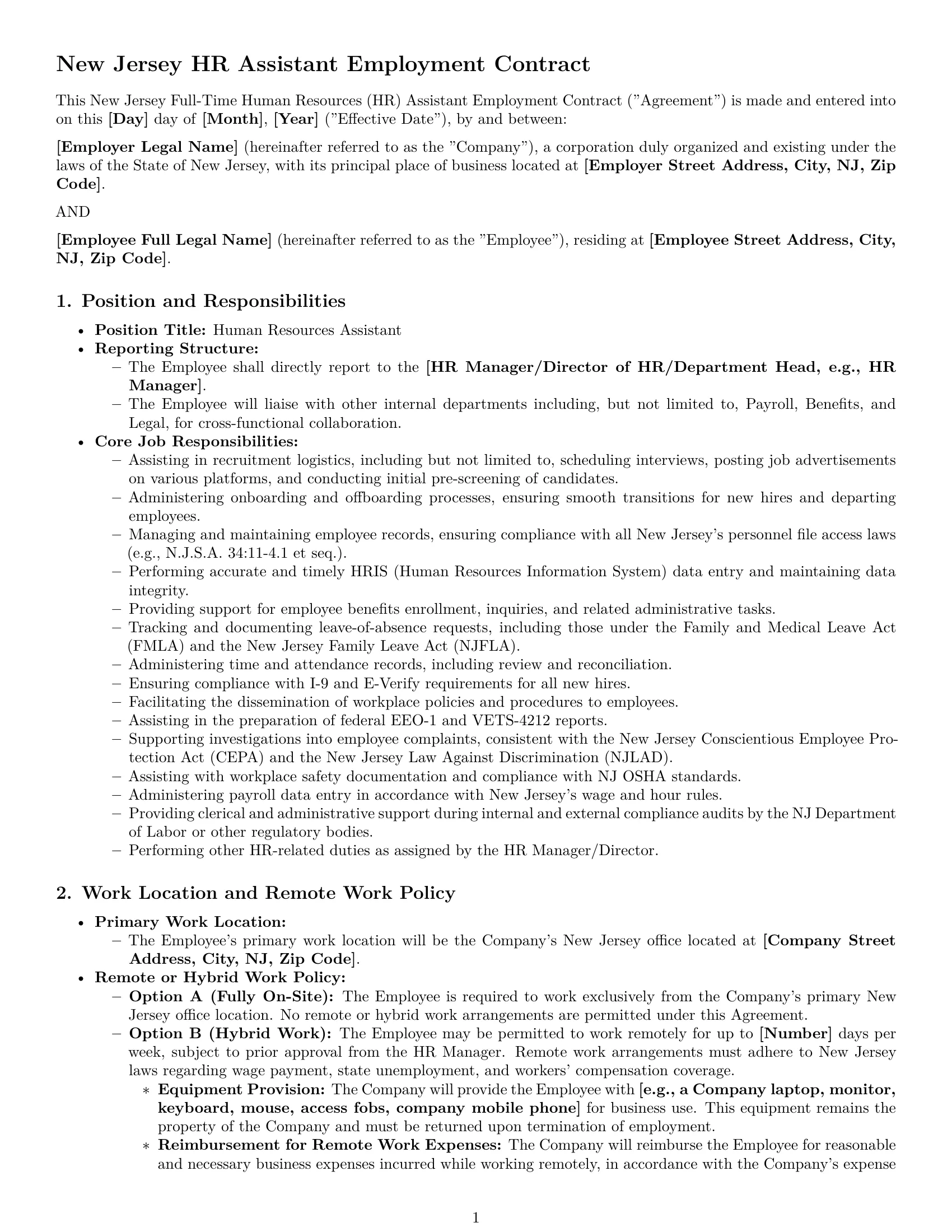 Preview page 1 of Pro New Jersey HR assistant employment contract template