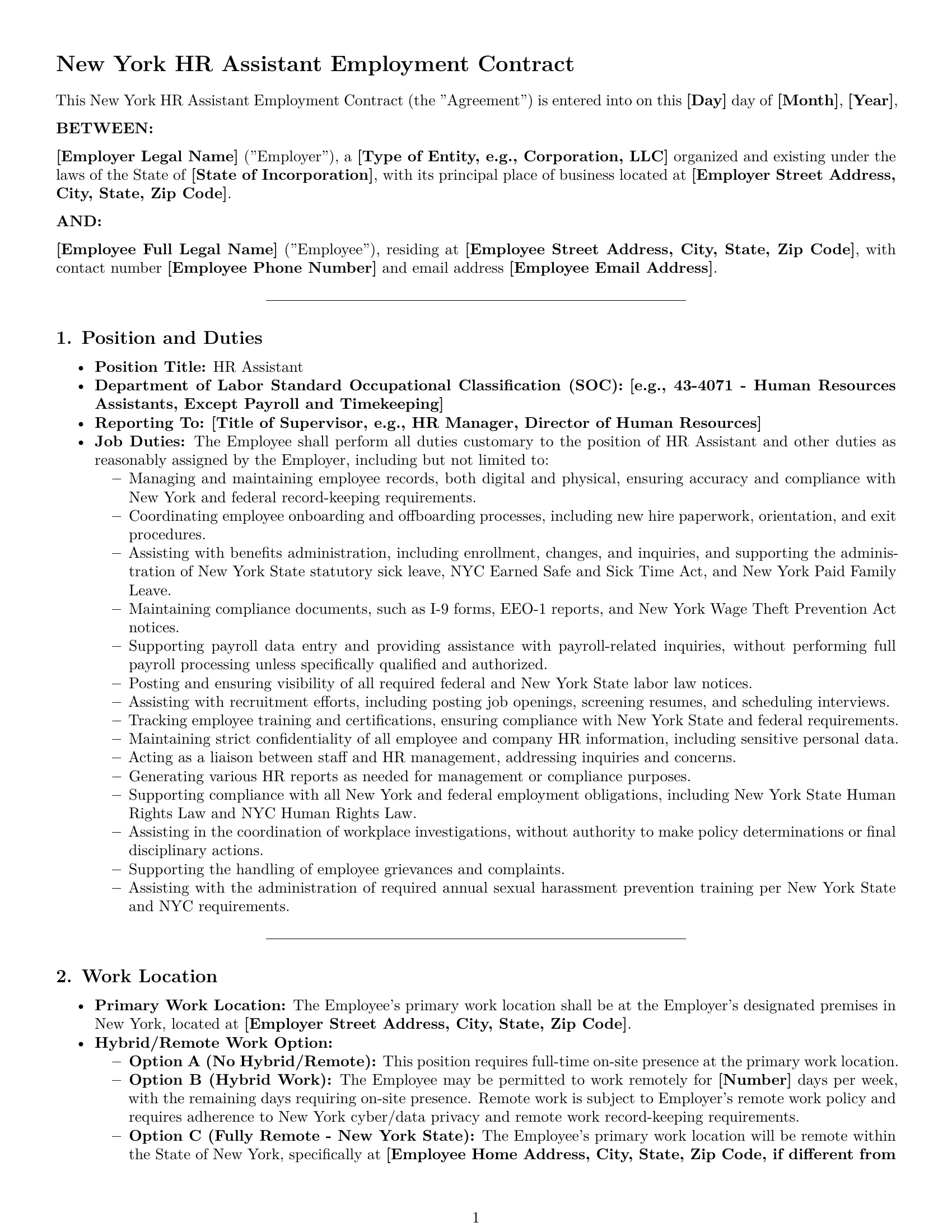 Preview page 1 of Pro New York HR assistant employment contract template