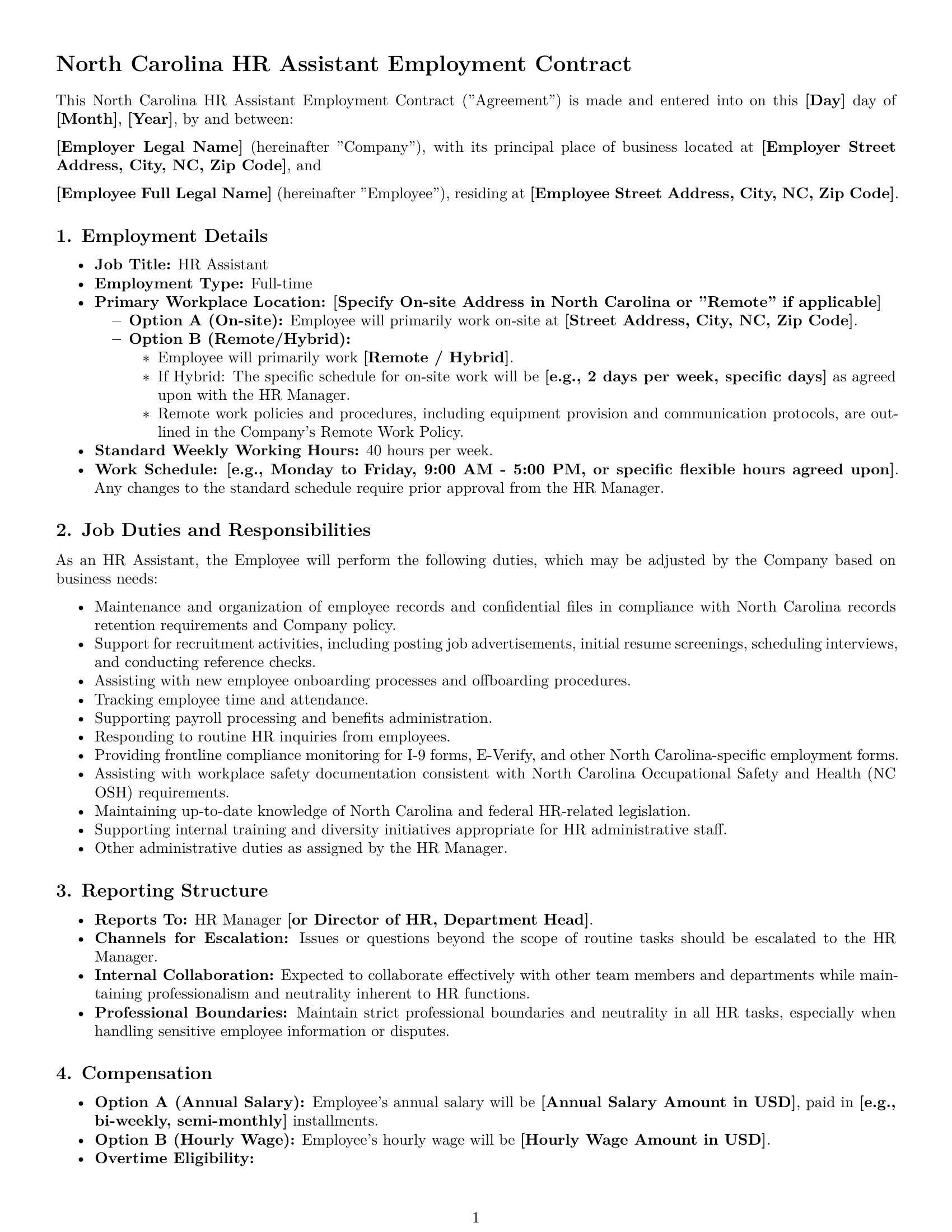 Preview page 1 of Pro North Carolina HR assistant employment contract template