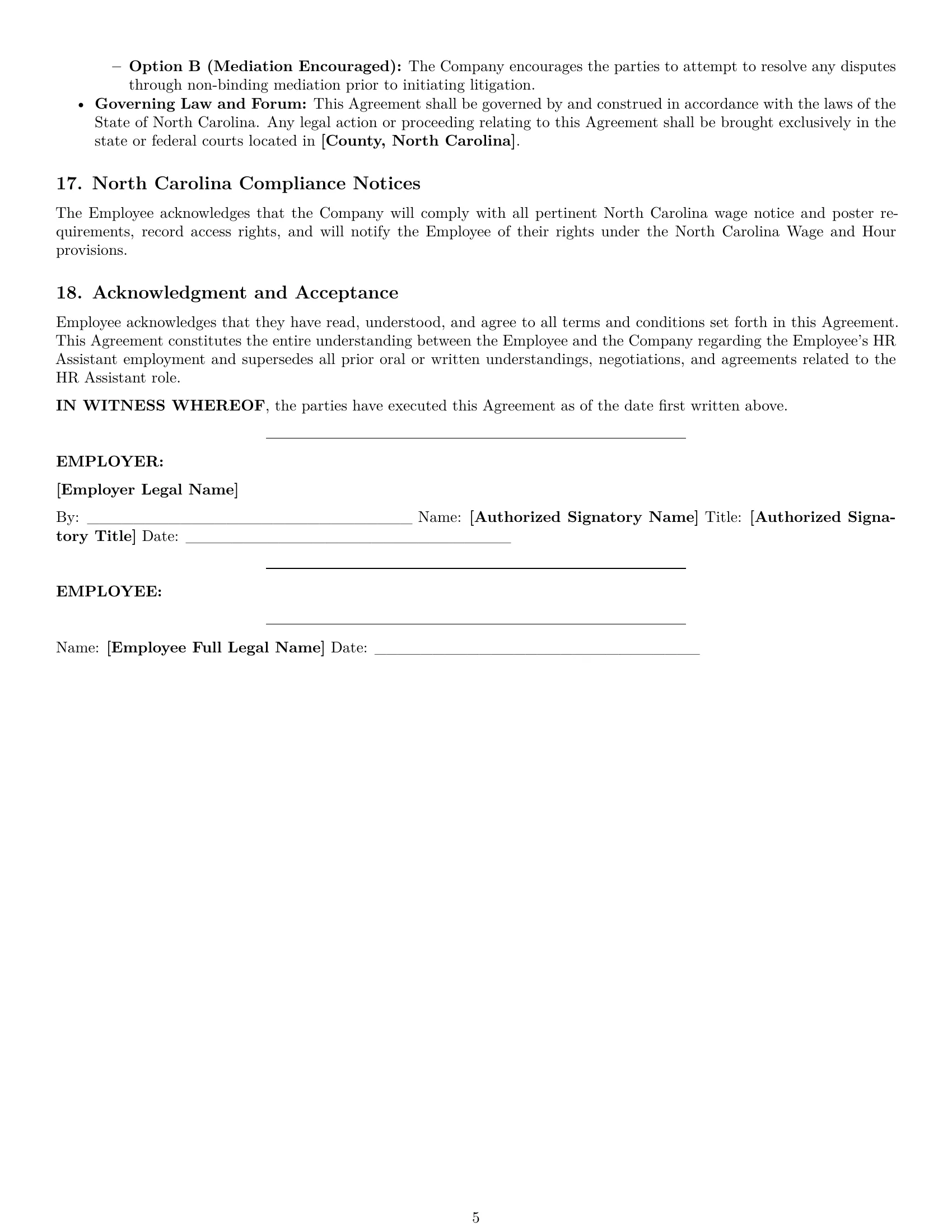 Preview page 5 of Pro North Carolina HR assistant employment contract template
