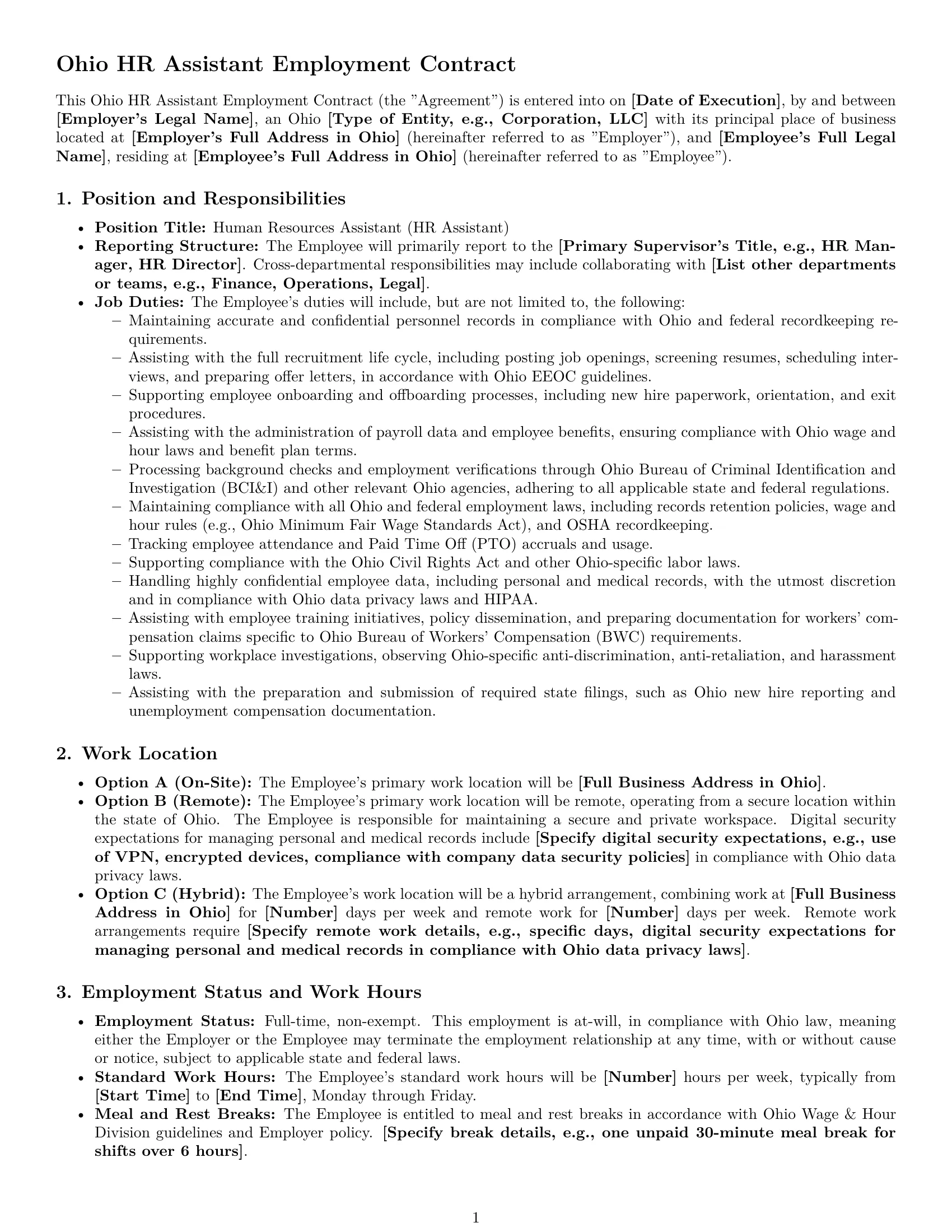Preview page 1 of Pro Ohio HR assistant employment contract template