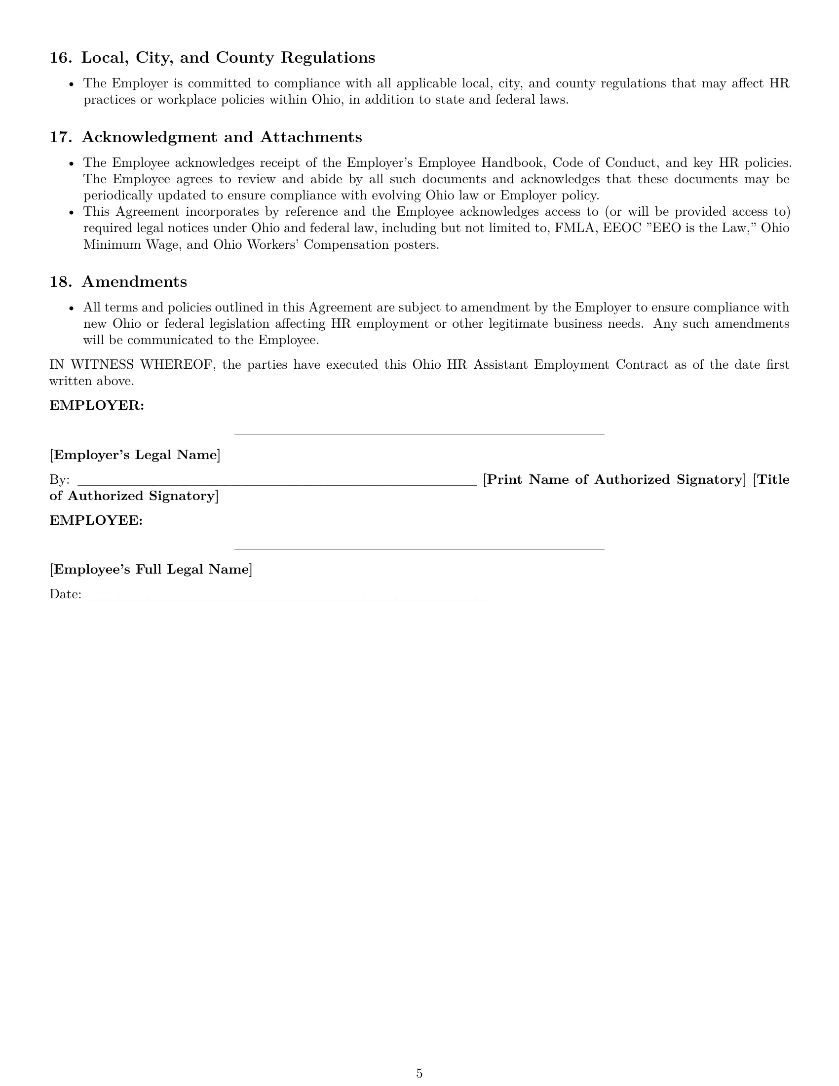 Preview page 5 of Pro Ohio HR assistant employment contract template