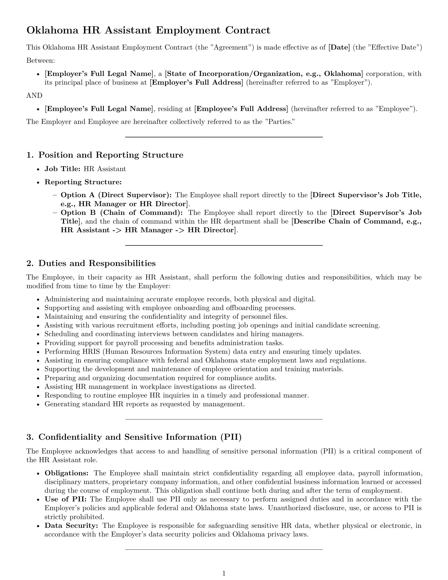 Preview page 1 of Pro Oklahoma HR assistant employment contract template