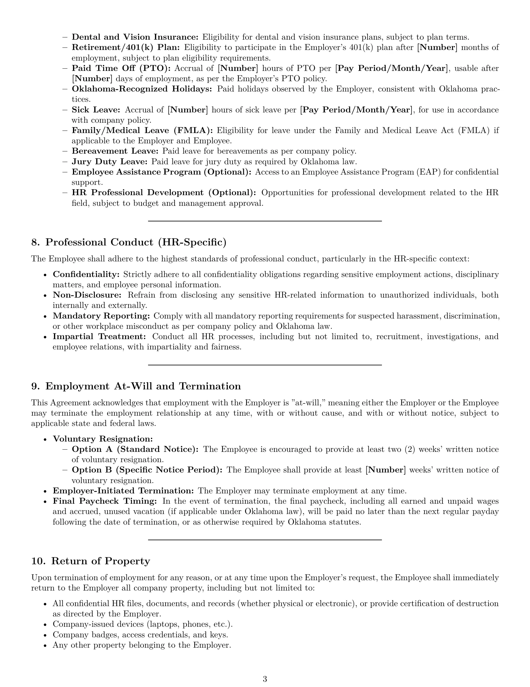 Preview page 3 of Pro Oklahoma HR assistant employment contract template