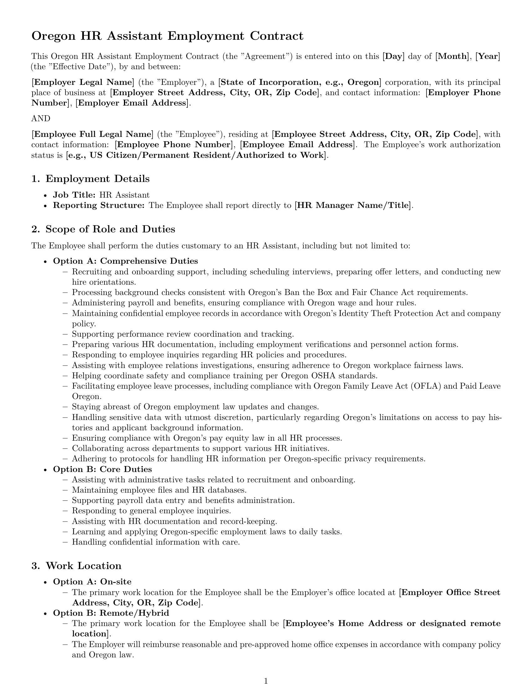 Preview page 1 of Pro Oregon HR assistant employment contract template